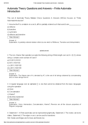 CSE322 Formal Languages And Automation Theory 150 MCQ Questions - A ...