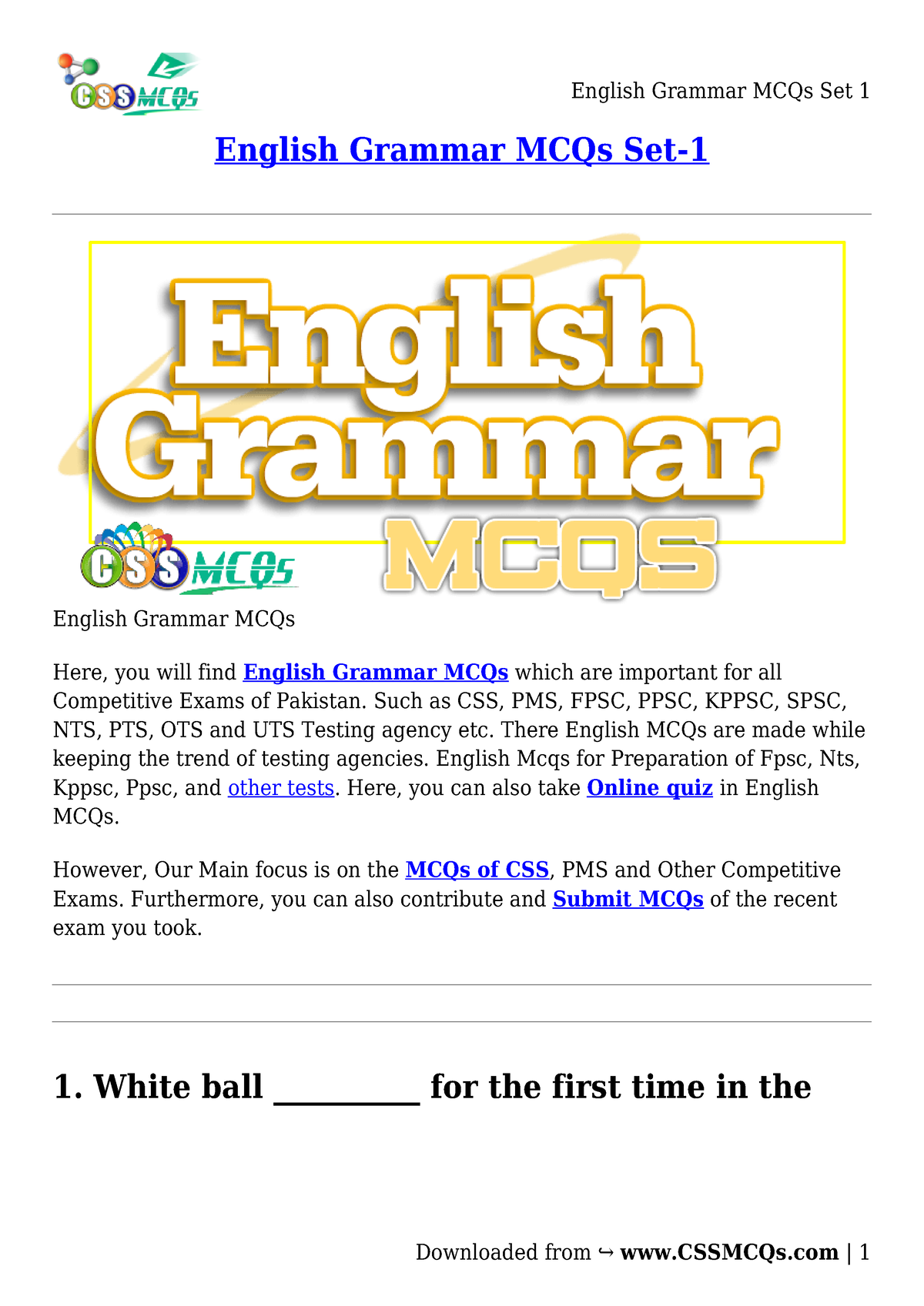 English Grammar MCQs Set 1 - English Grammar MCQs Set- English Grammar ...