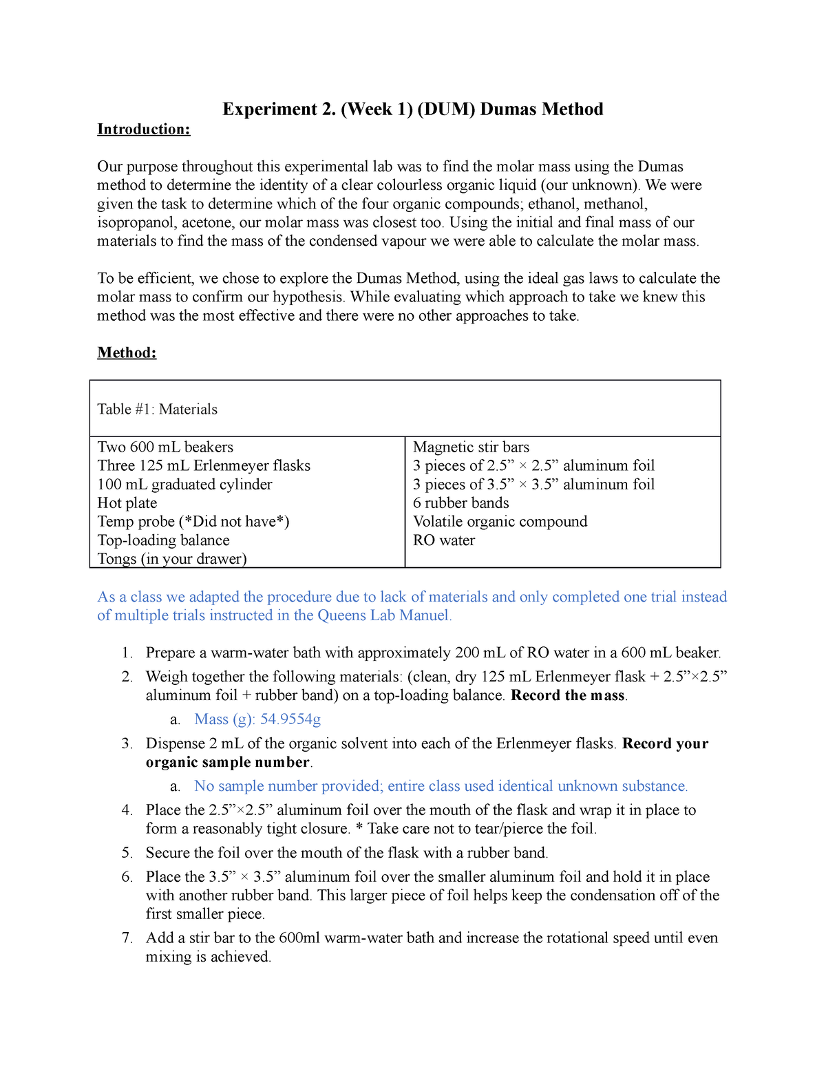 CHEM112-Lab#2Dumas Method - Experiment 2. (Week 1) (DUM) Dumas Method ...