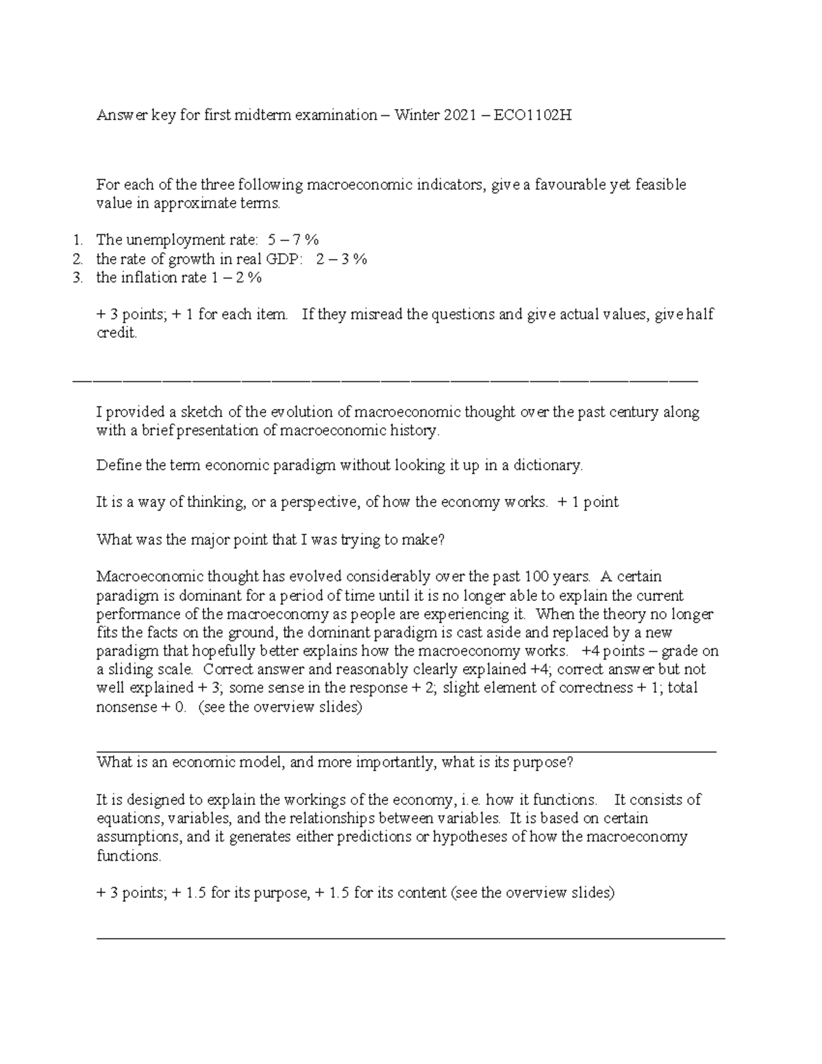 Answer Key ECO1102 H Midterm 1 Answer Key For First Midterm 