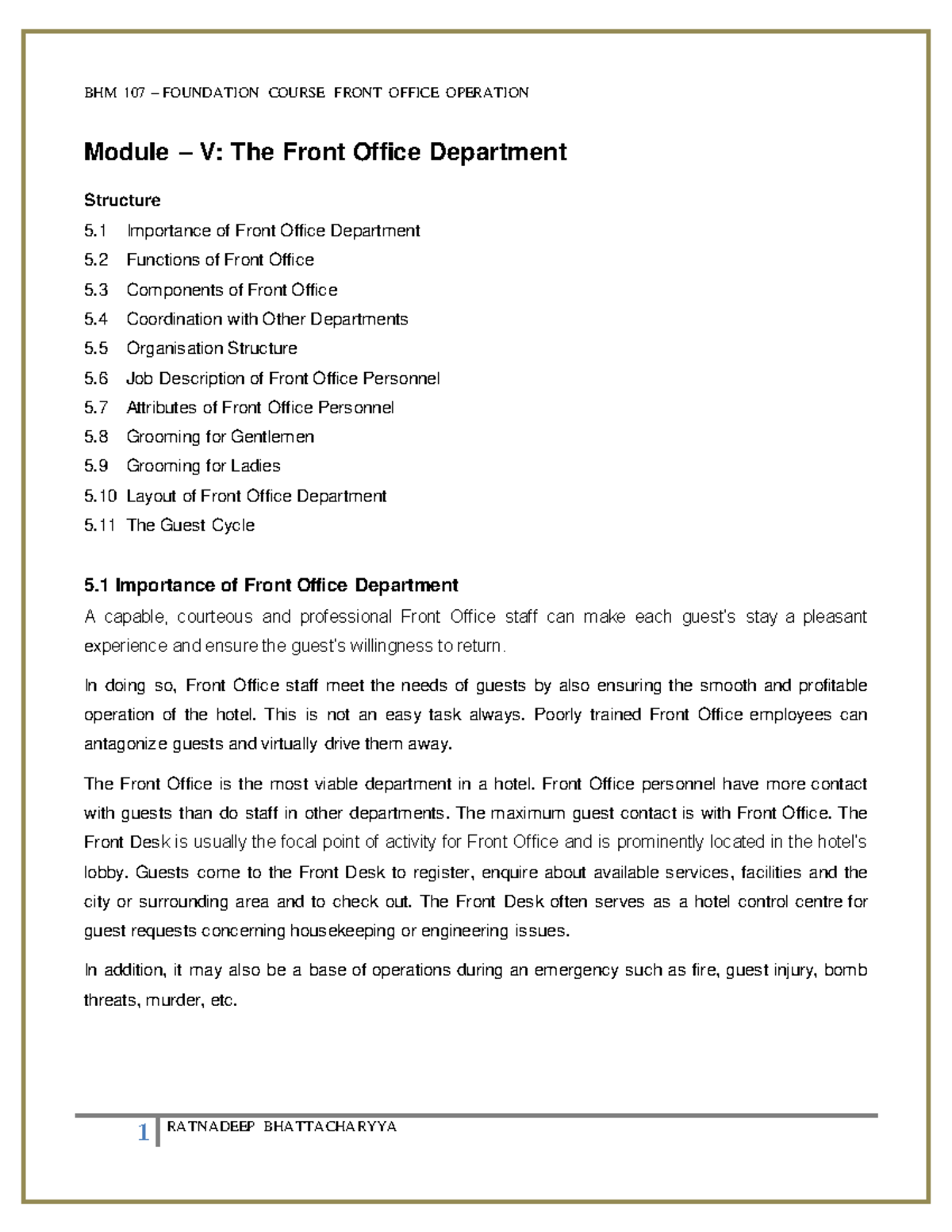 5. The Front Office Department - Module – V: The Front Office ...