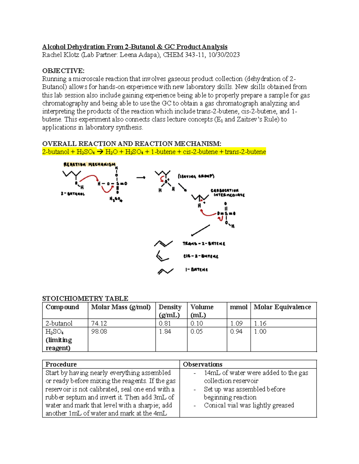 CHEM 34311 Experiment 9 Lab Report Alcohol Dehydration From 2