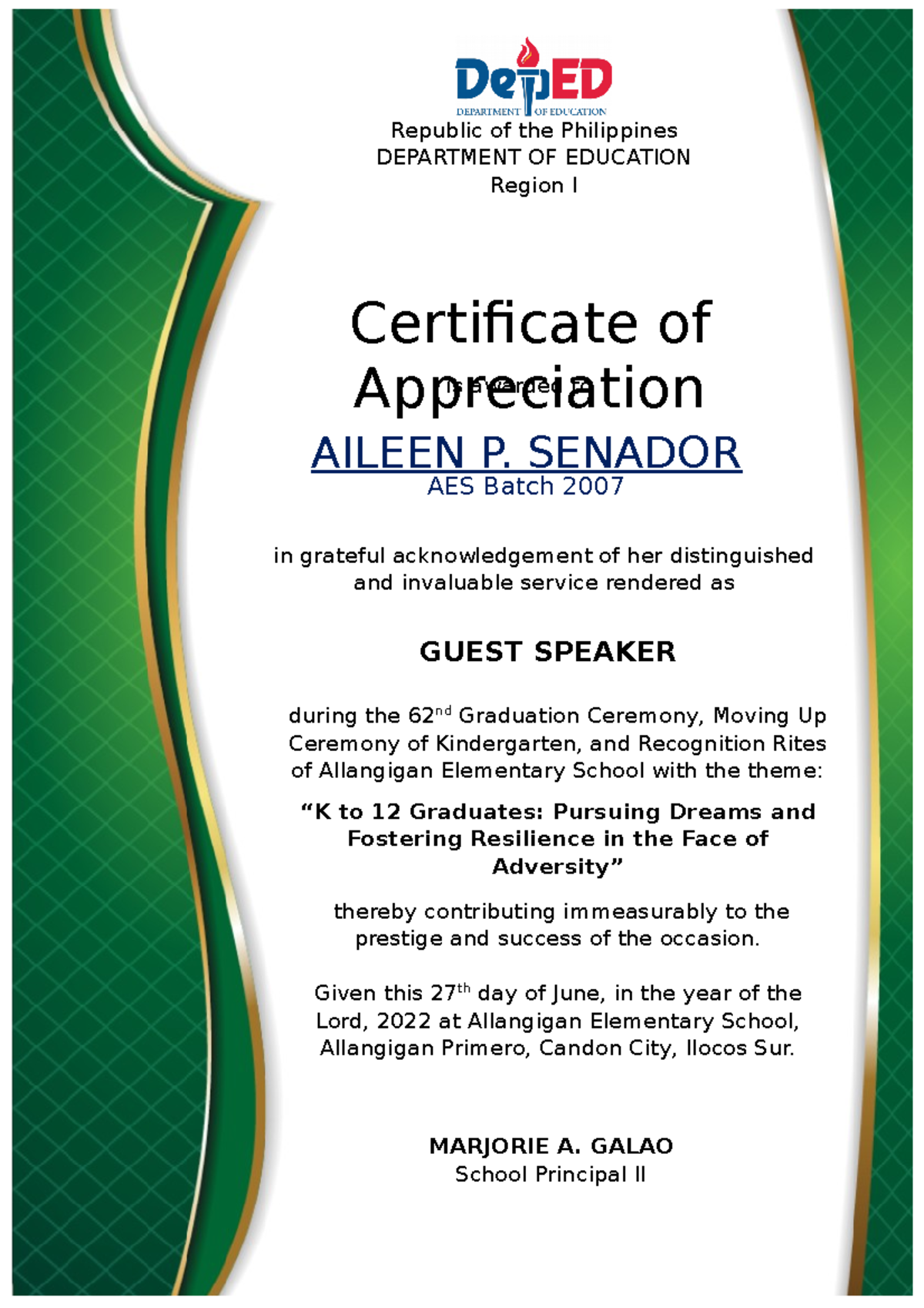 Certificate Of Recognition For Guest Of Honor Speaker Templates ...