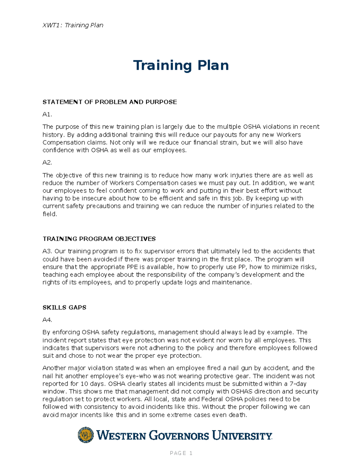 Training Plan XWT1 Training Plan Training Plan STATEMENT OF PROBLEM
