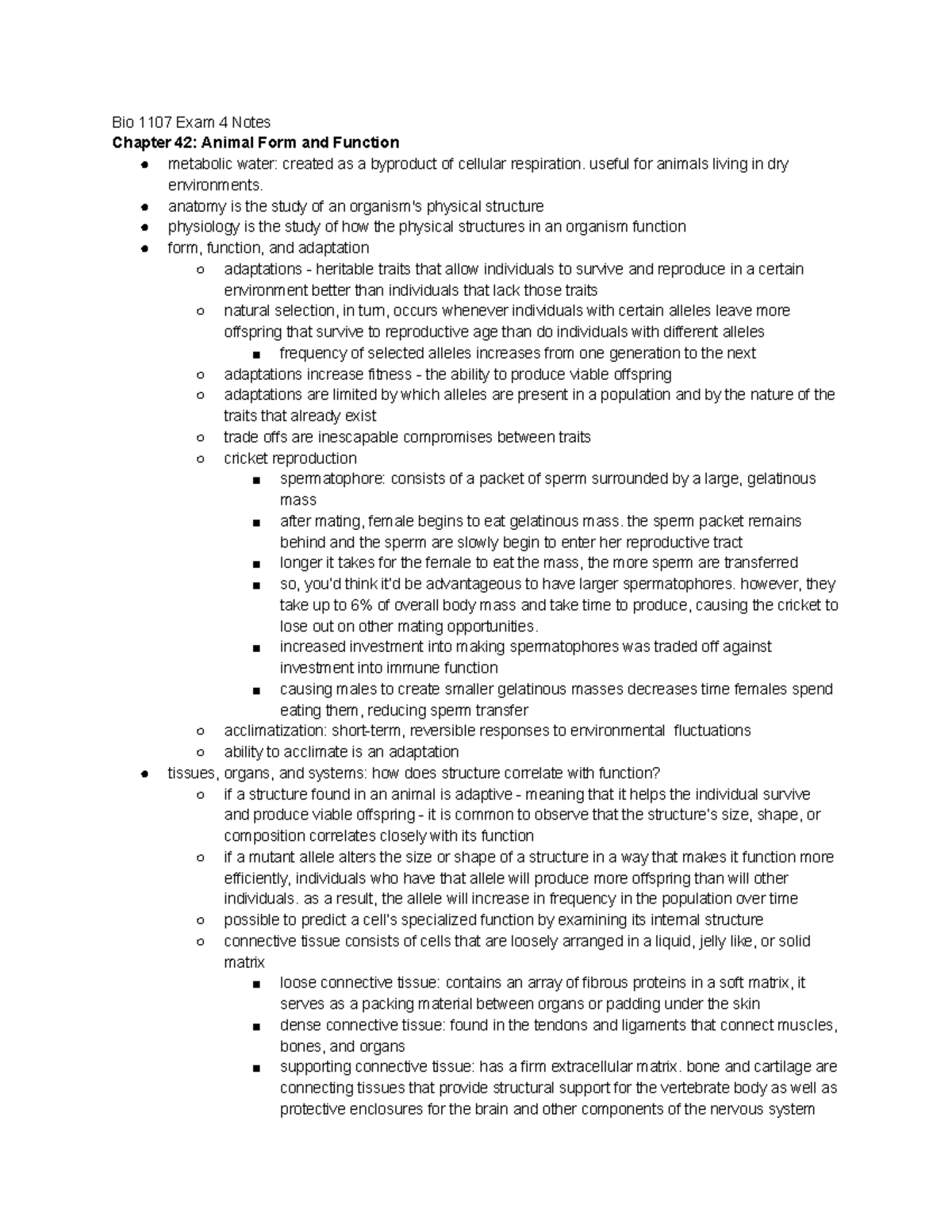 Bio 1107 Exam 4 Notes: Animal Form and Function - Studocu