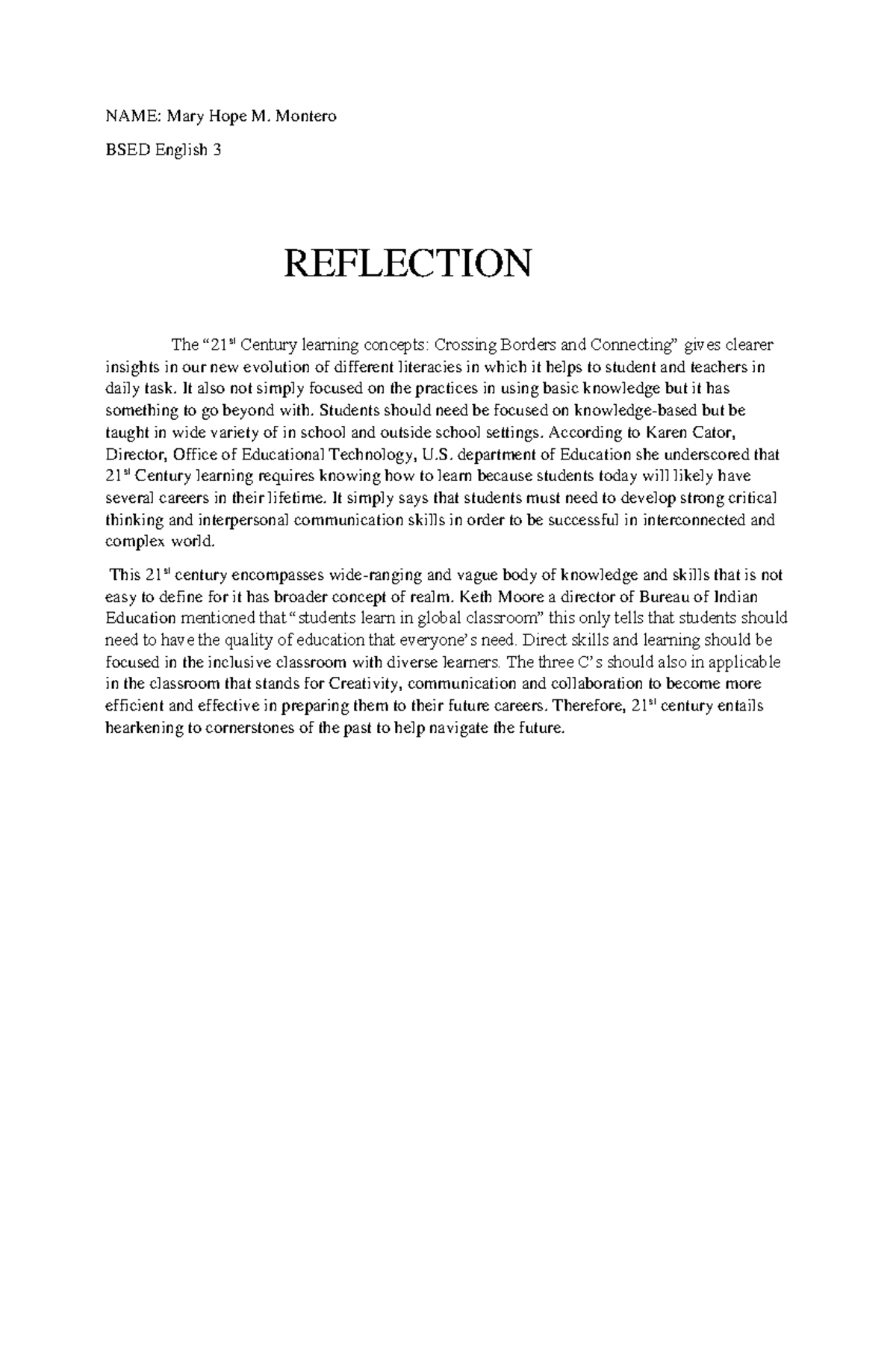 Reflection ped10 prnt - NAME: Mary Hope M. Montero BSED English 3 ...