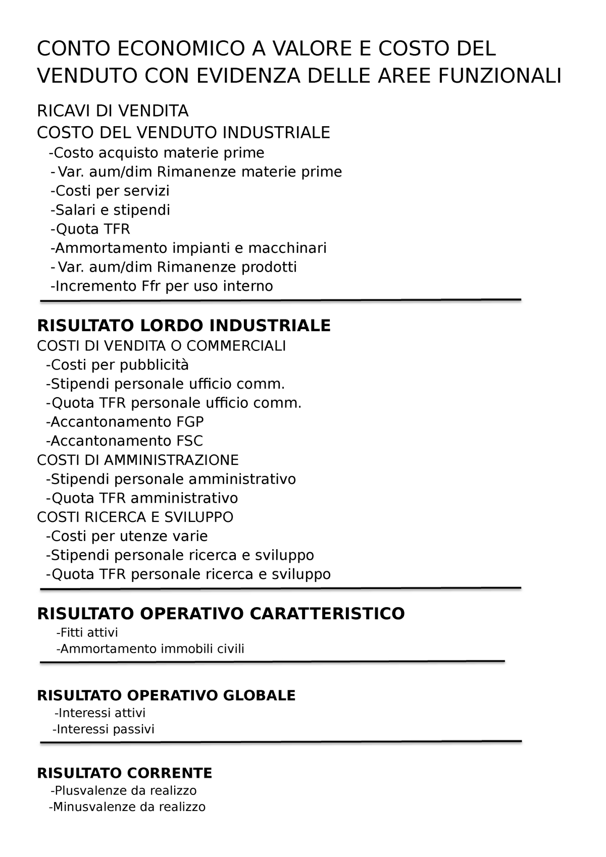 C.EA Valore E Costo DEL Venduto CON Evidenza Delle AREE Funzionali ...