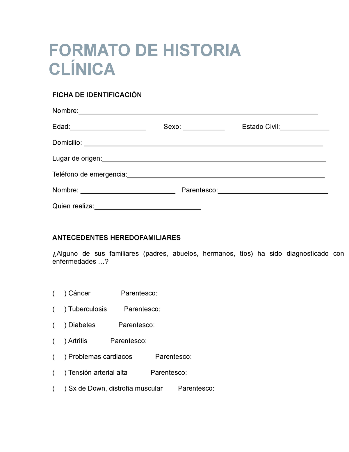 Formato De Historia Clínica Formato De Historia ClÍnica Ficha De 3074