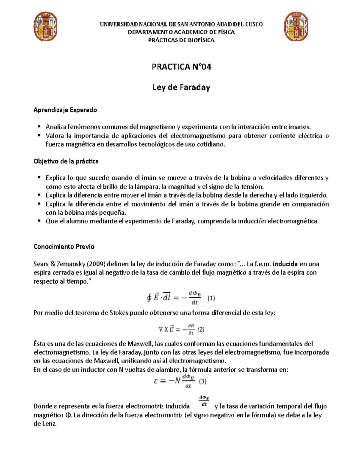 Ley De Faraday Practica Departamento Academico De F Sica Pr Cticas De Biof Sica Practica N