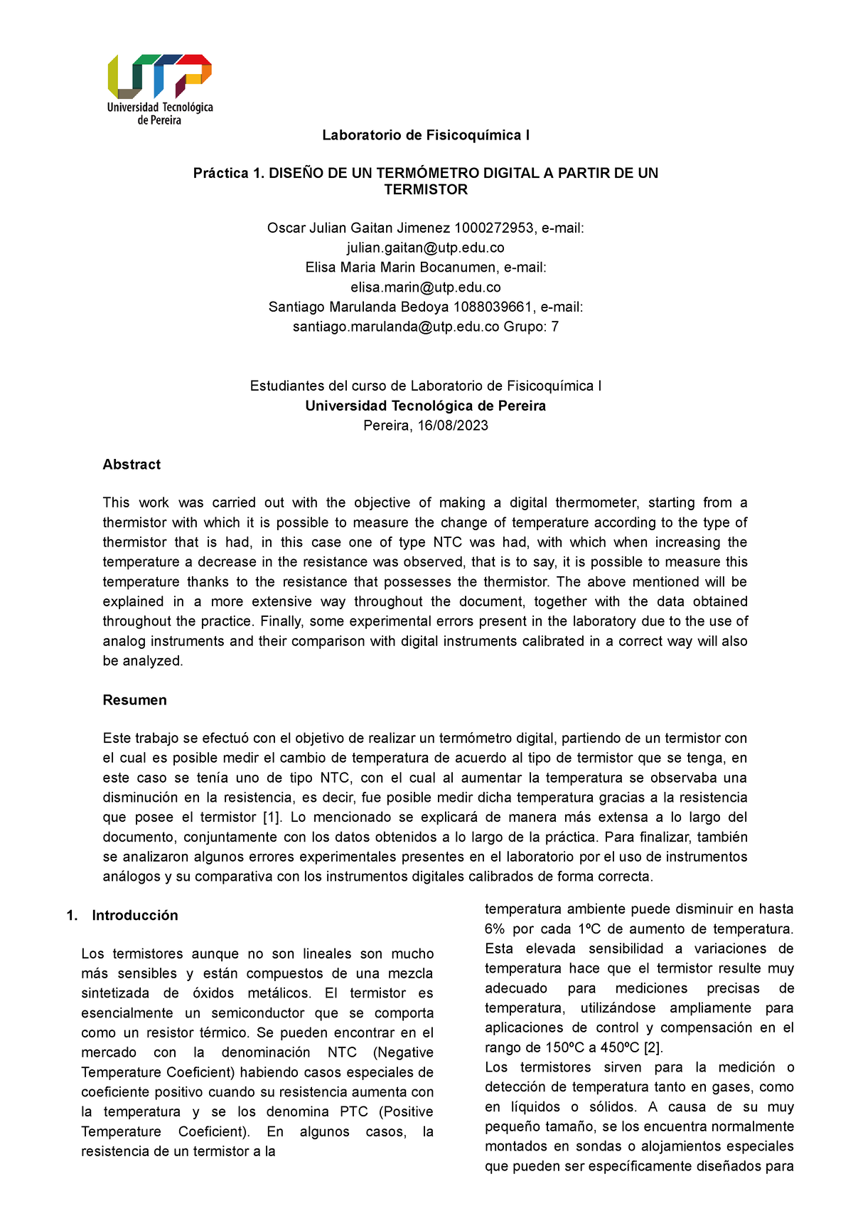 Informe De Lab Fisicoquímica I Practica 1 Laboratorio De