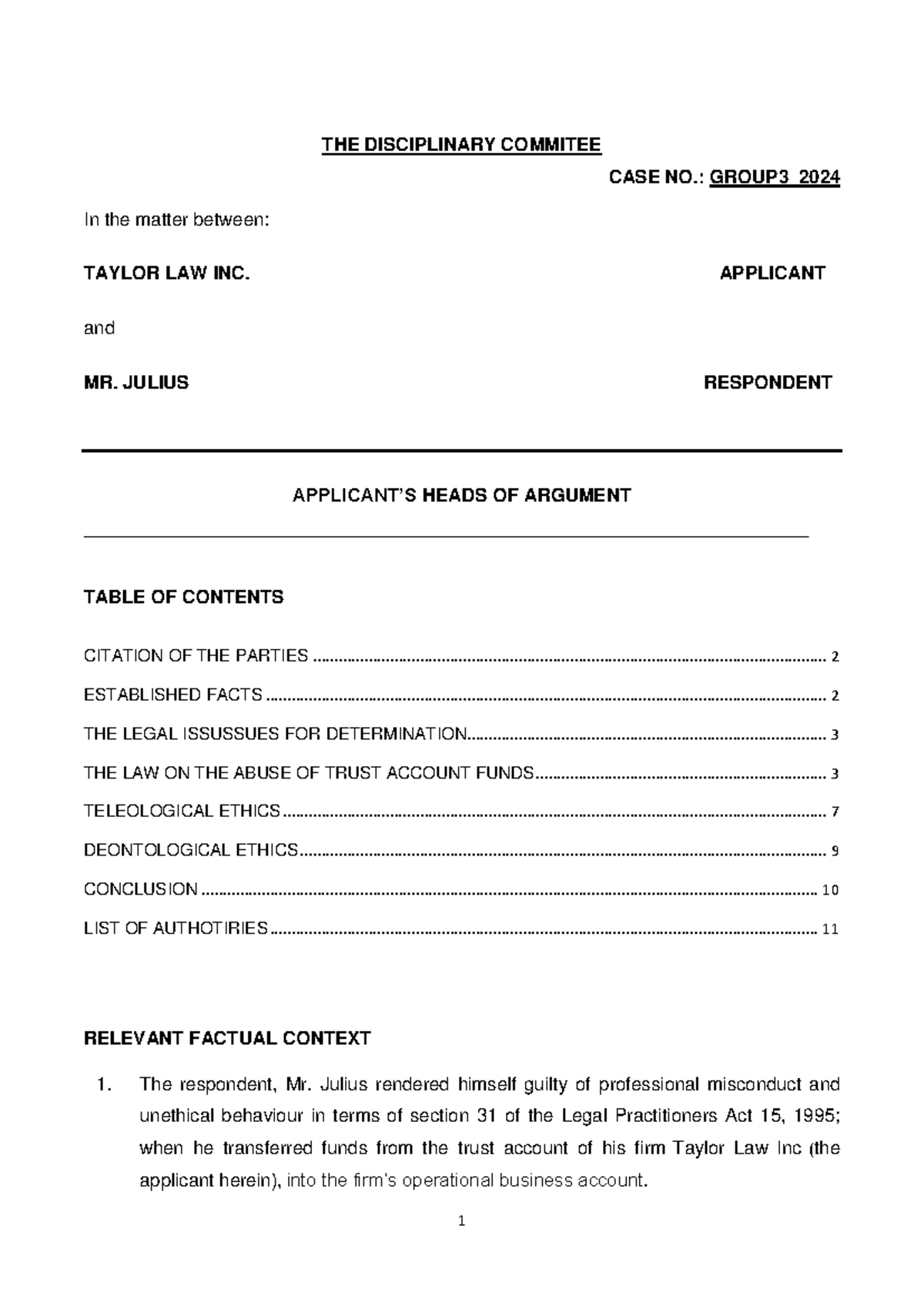 Heads OF Argument- Taylor INC - THE DISCIPLINARY COMMITEE CASE NO ...
