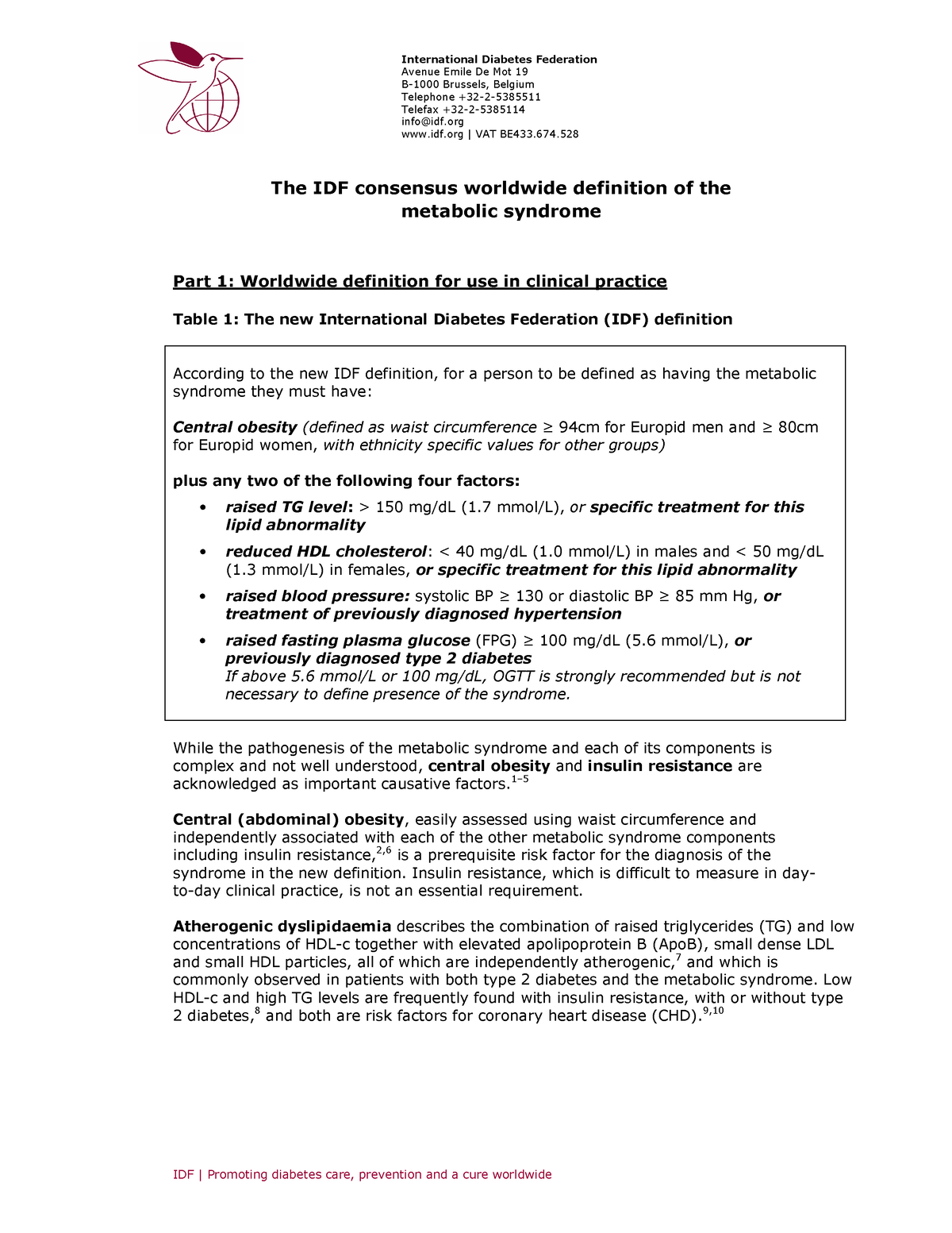 The IDF Consensus Worldwide Definition Of The Metabolic Syndrome ...