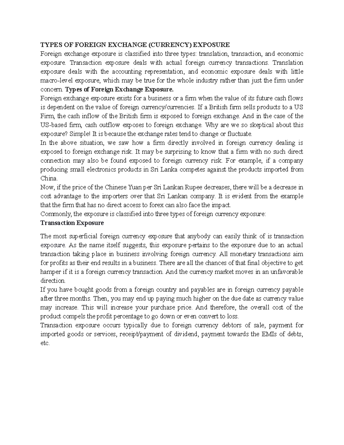 Foreign exchange exposure types of foreign exchange currency
