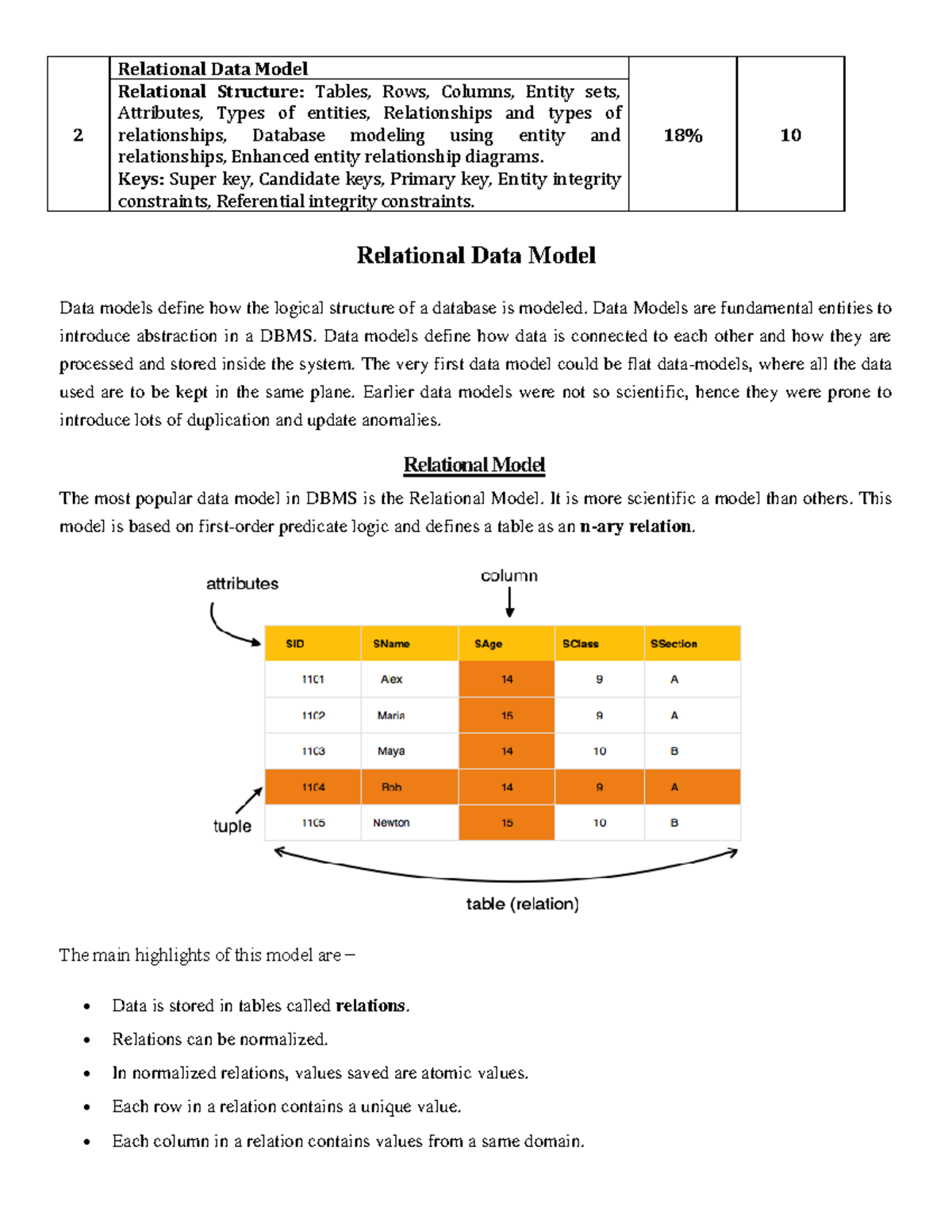 Unit 2 - notes - 2 Relational Data Model 18% 10 Relational Structure ...