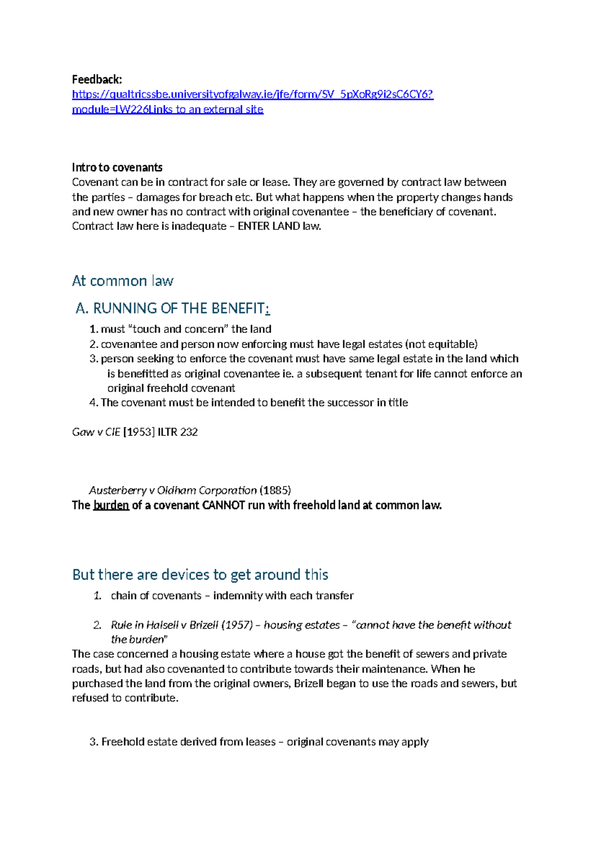 Week 10 Freehold Covenants - Feedback: qualtricssbe.universityofgalway ...
