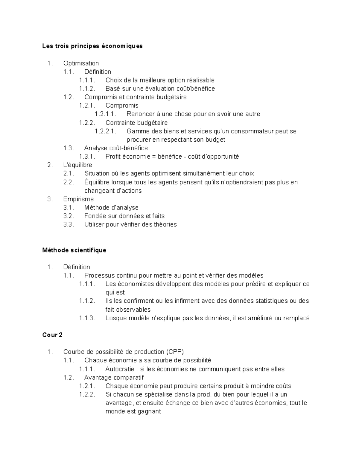 Notes complémentaire Les trois principes économiques Optimisation