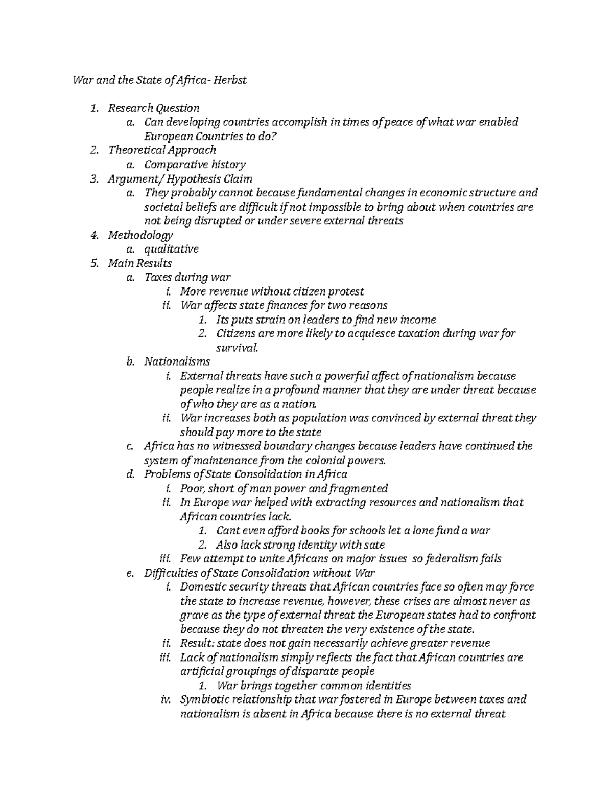 War and the State of Africa War and the State of Herbst 1. Research