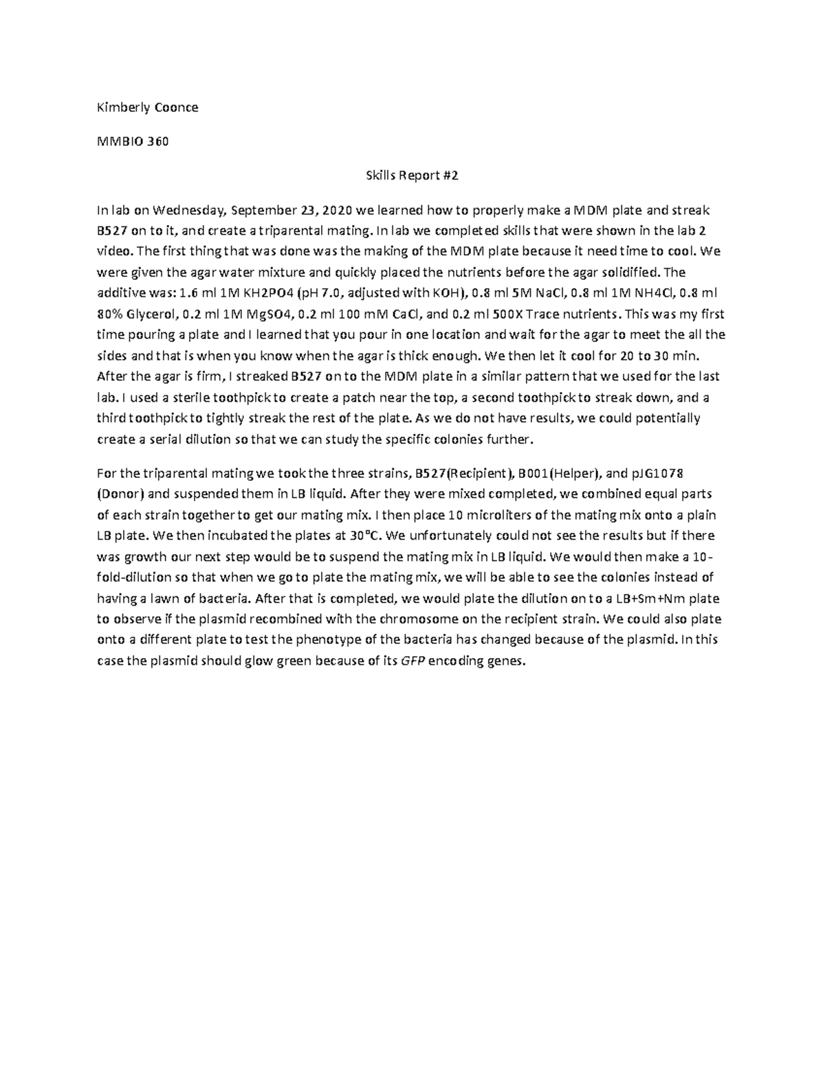 Skills report 2 - lap repot - Kimberly Coonce MMBIO 360 Skills Report ...