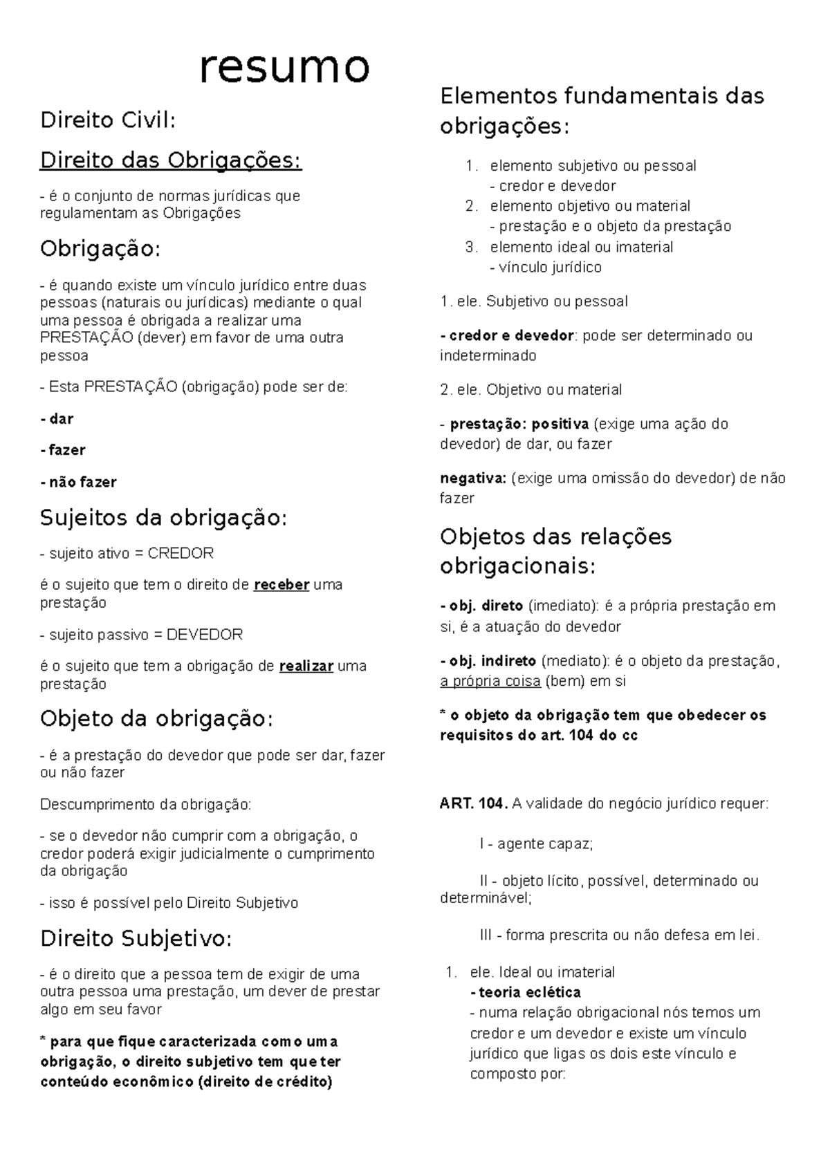 Direito Civil - Obrigações - resumo Direito Civil: Direito das ...