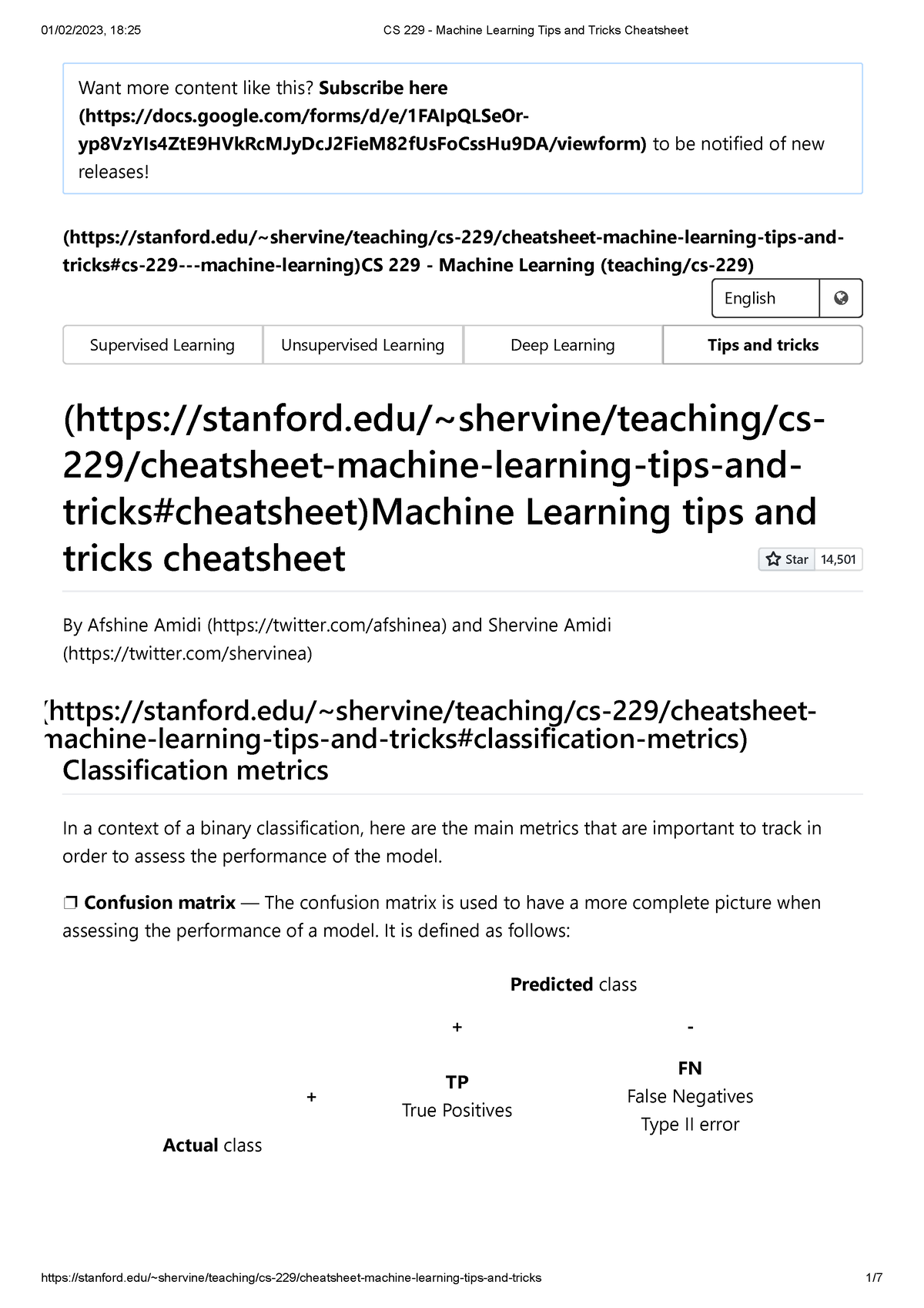 Machine Learning Tips And Tricks Cheatsheet - (stanford/~shervine ...