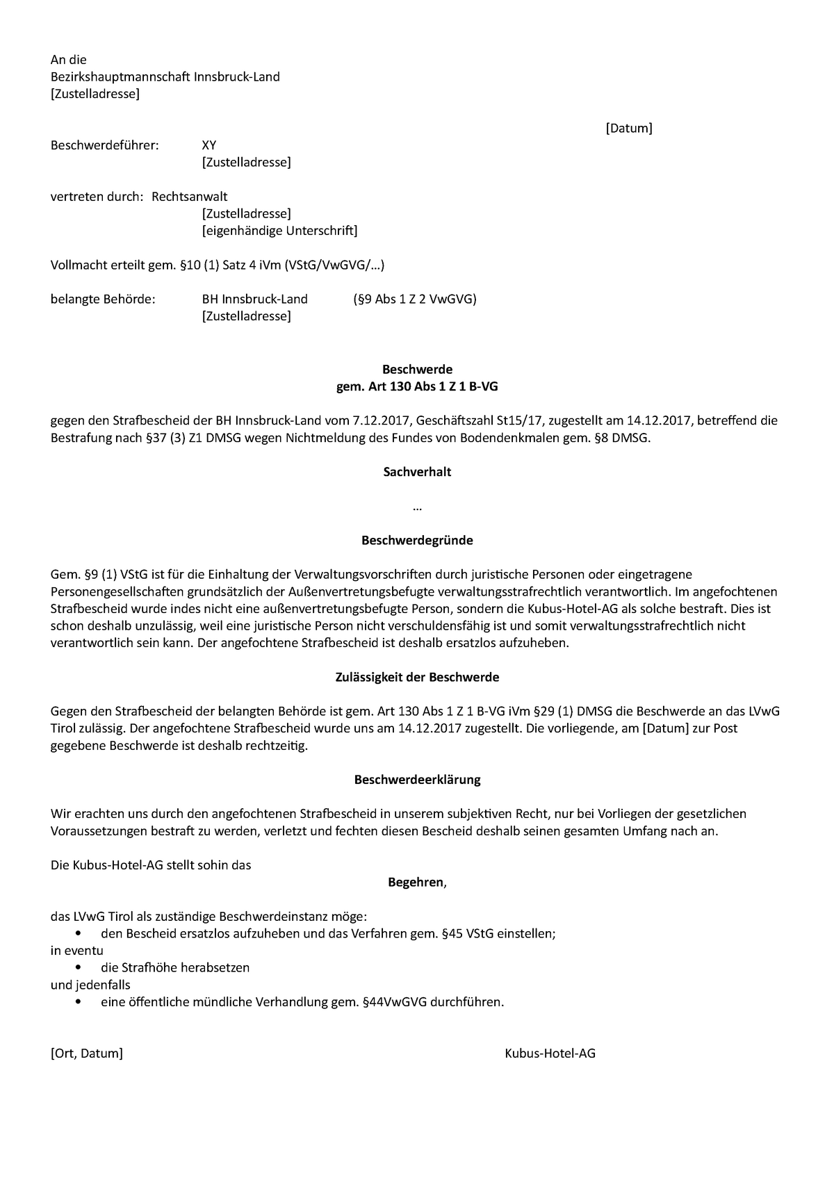 Bescheidbeschwerde Vorlage An Die Bezirkshauptmannschaft Innsbruck Land Zustelladresse 