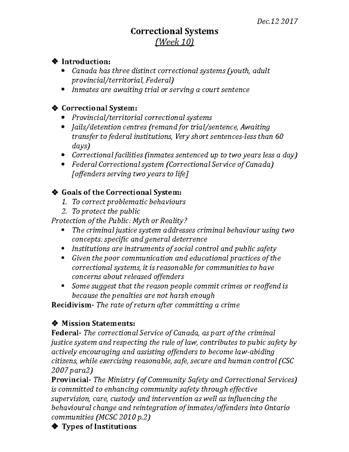 Correctional Systems (Week 10) - Correctional Systems (Week 10) Dec ...