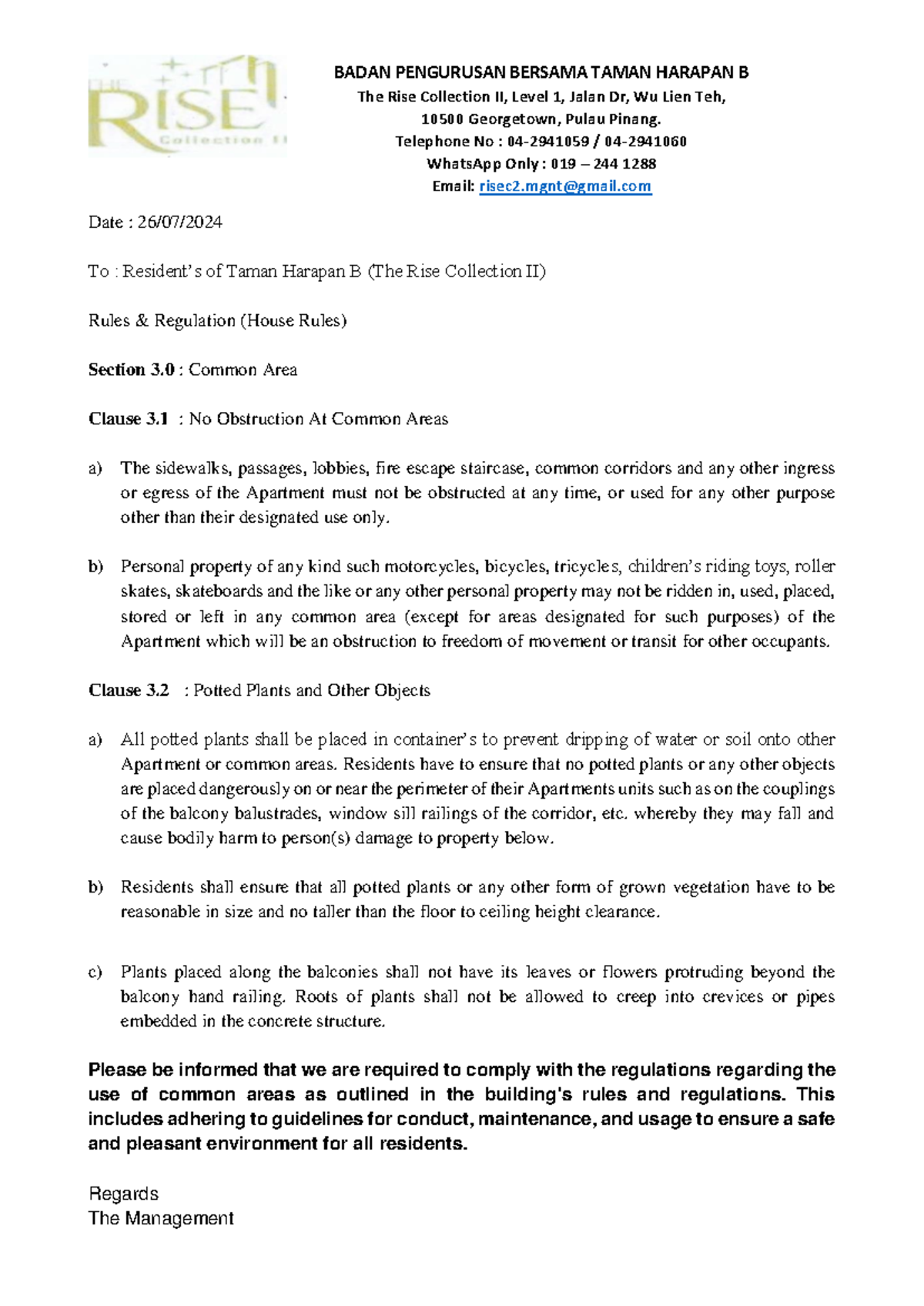 Common AREA Notice FOR TRC ll - Date : 26 /07/ To : Resident’s of Taman ...
