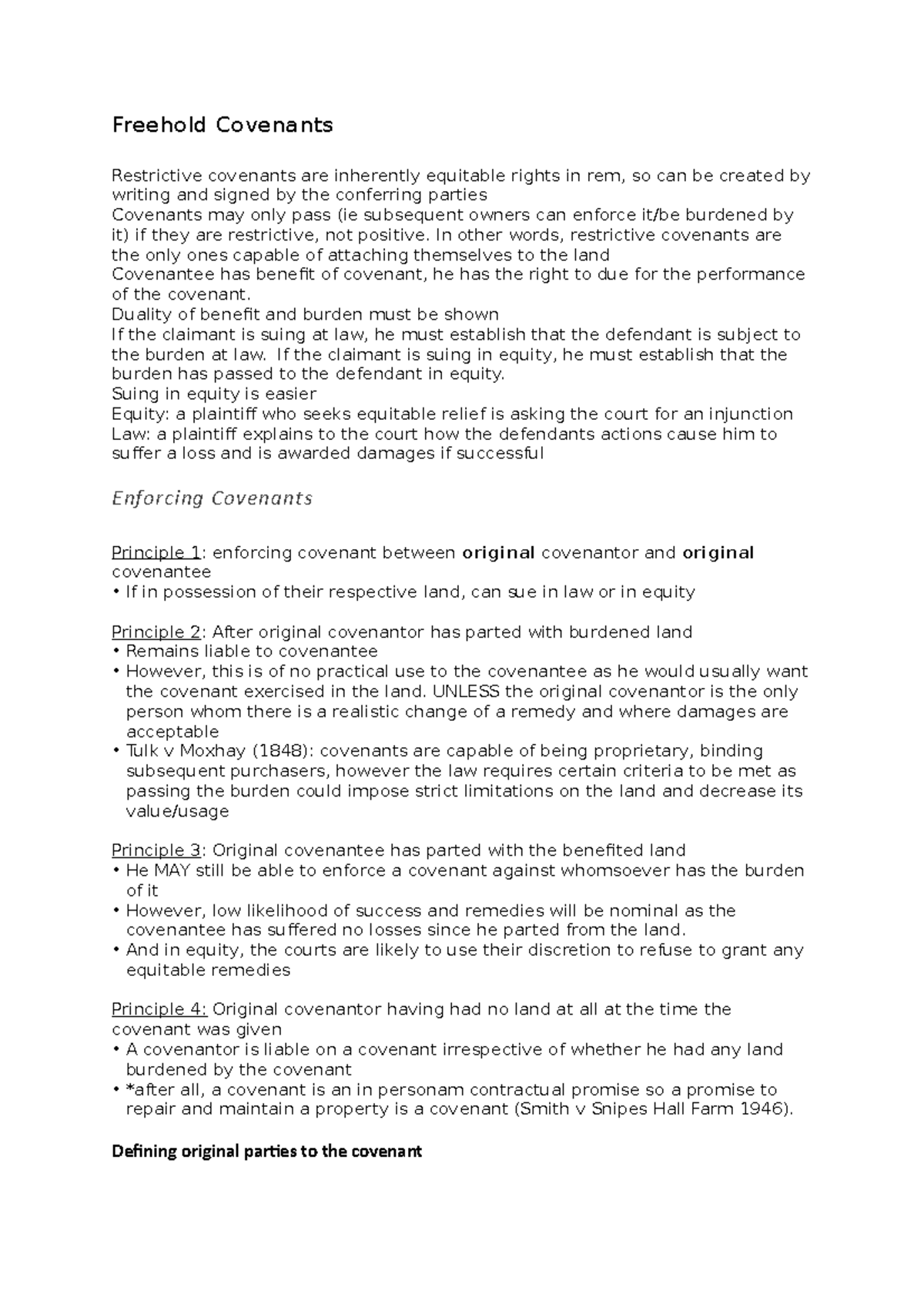 Freehold Covenants Freehold Covenants Restrictive covenants are