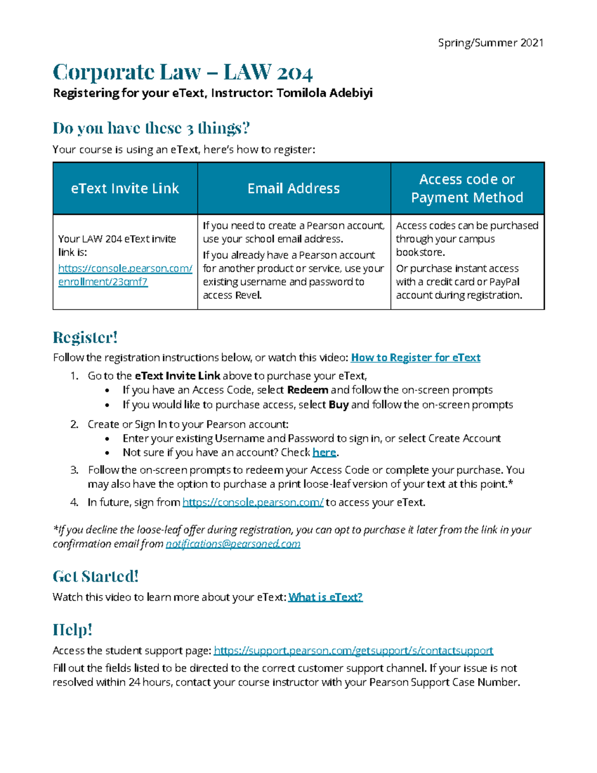 QU LAW 204 S21 Pearson e Text Adebiyi - Registration Instructions[ 6438 ...