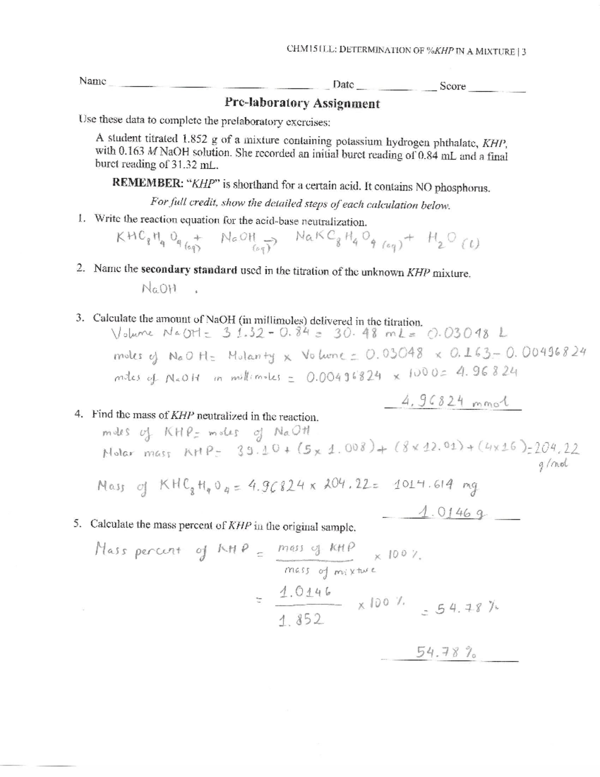 KHP-lab - General Chemistry assignment - CHM151LL - Studocu