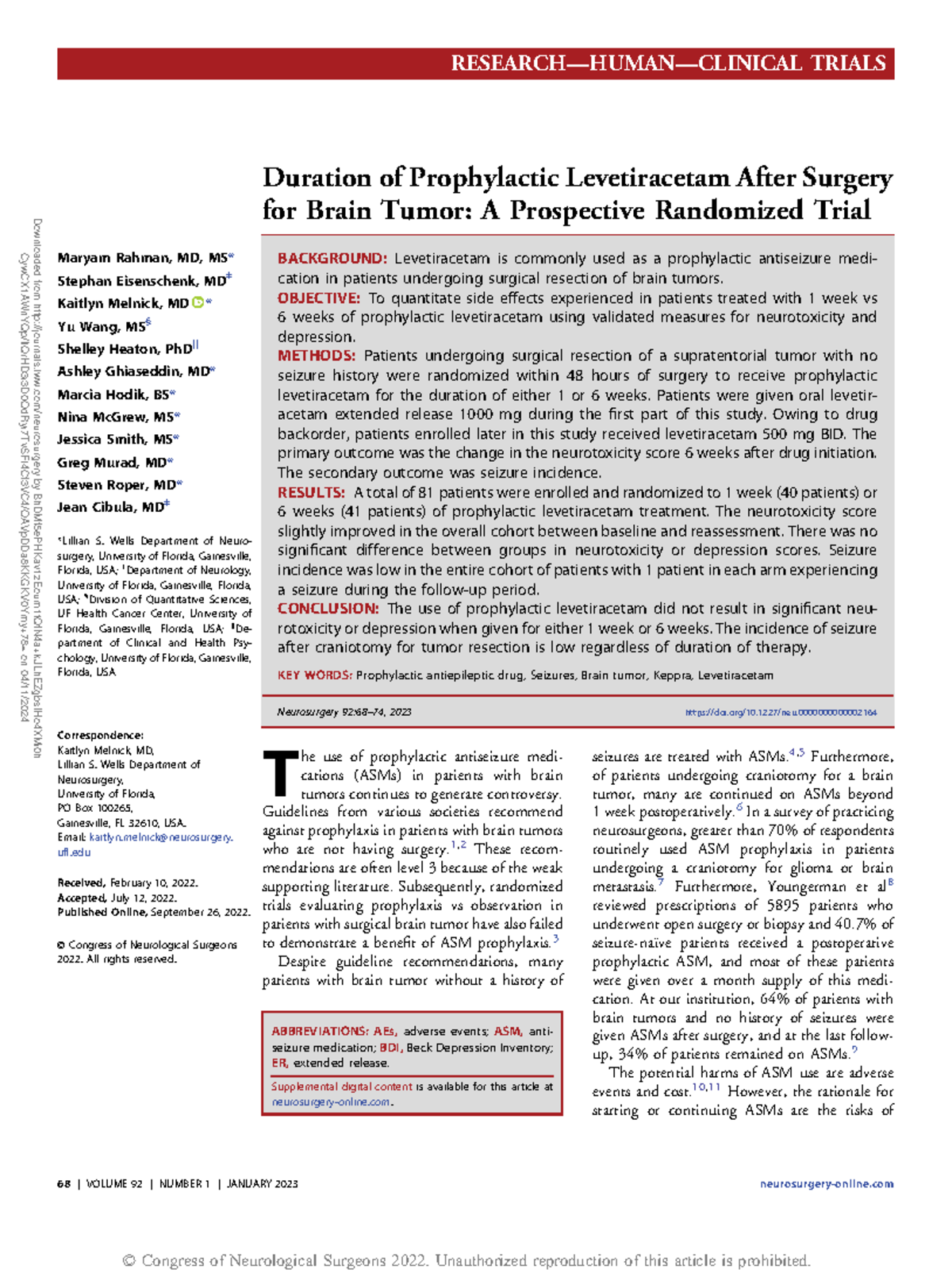 Duration of prophylactic levetiracetam after OBJECTIVE To quantitate