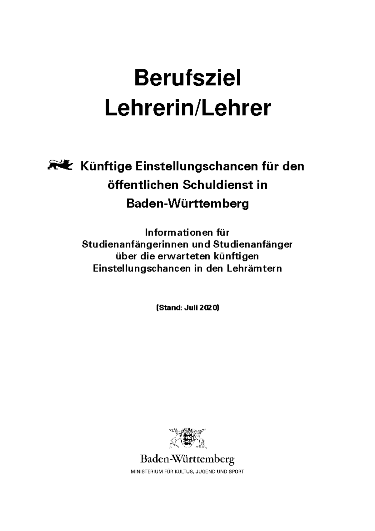 Merkblatt Einstellungschancen 2020 - Berufsziel Lehrerin/Lehrer ...