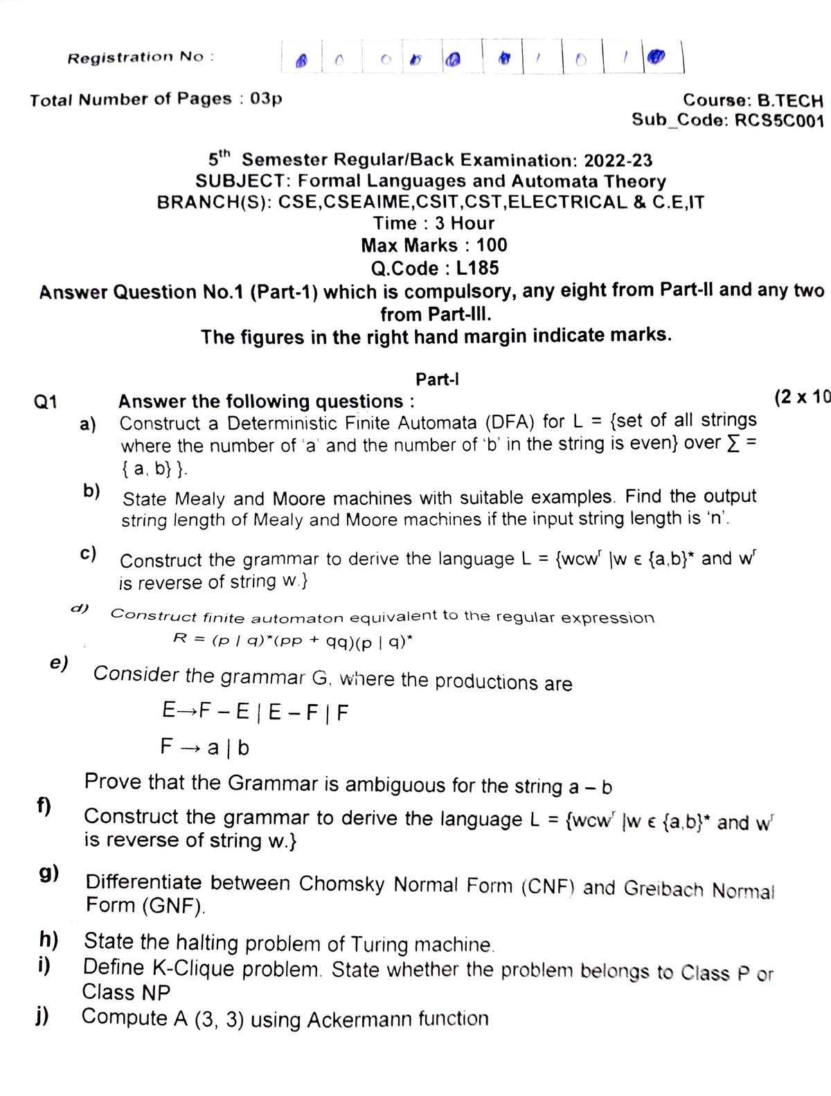 Formal Languages And Automata Theory - Registration No O Total Number ...