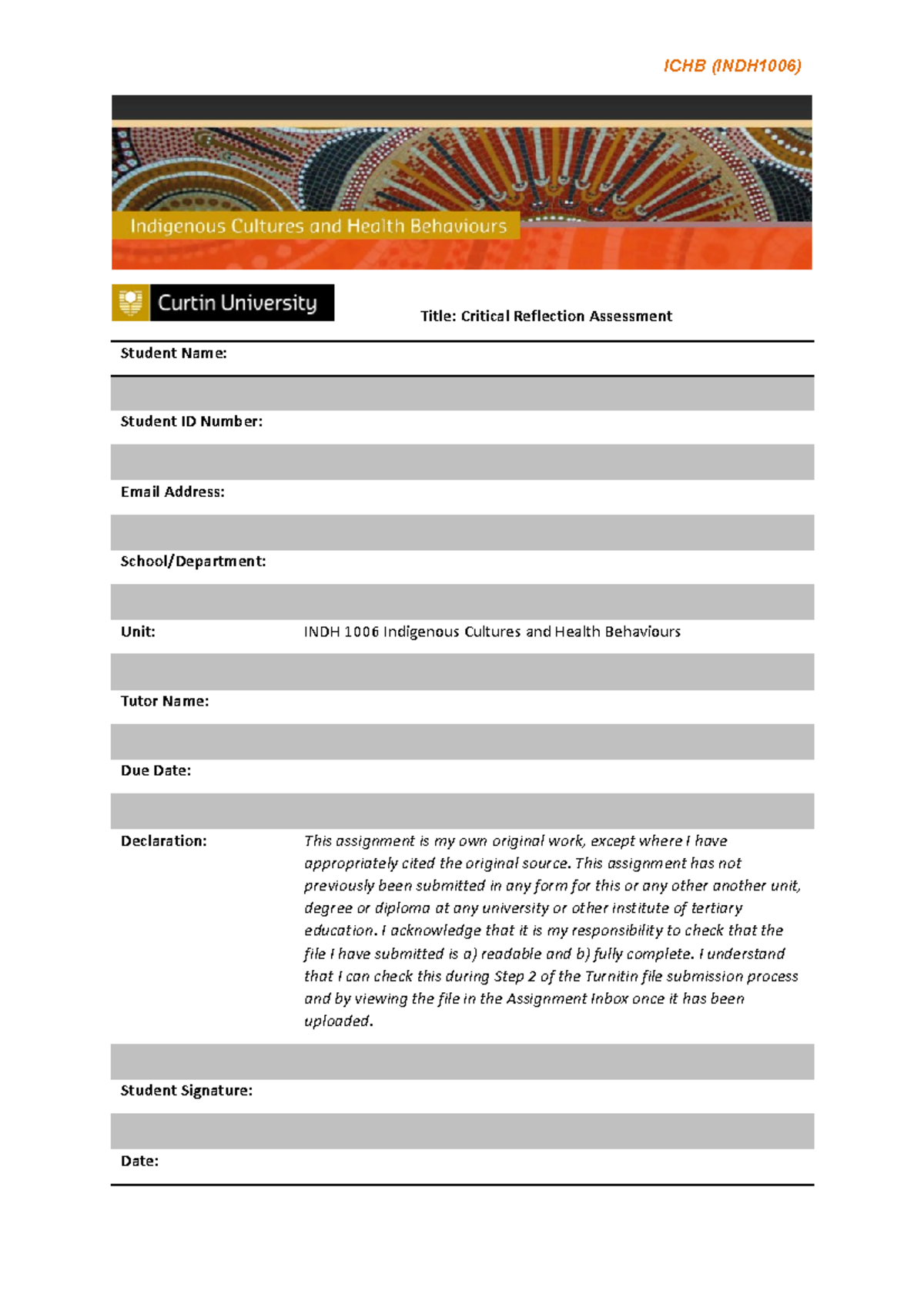 2023 S1 ICHB Cover sheet CR template - ICHB (INDH1006) Title: Critical ...