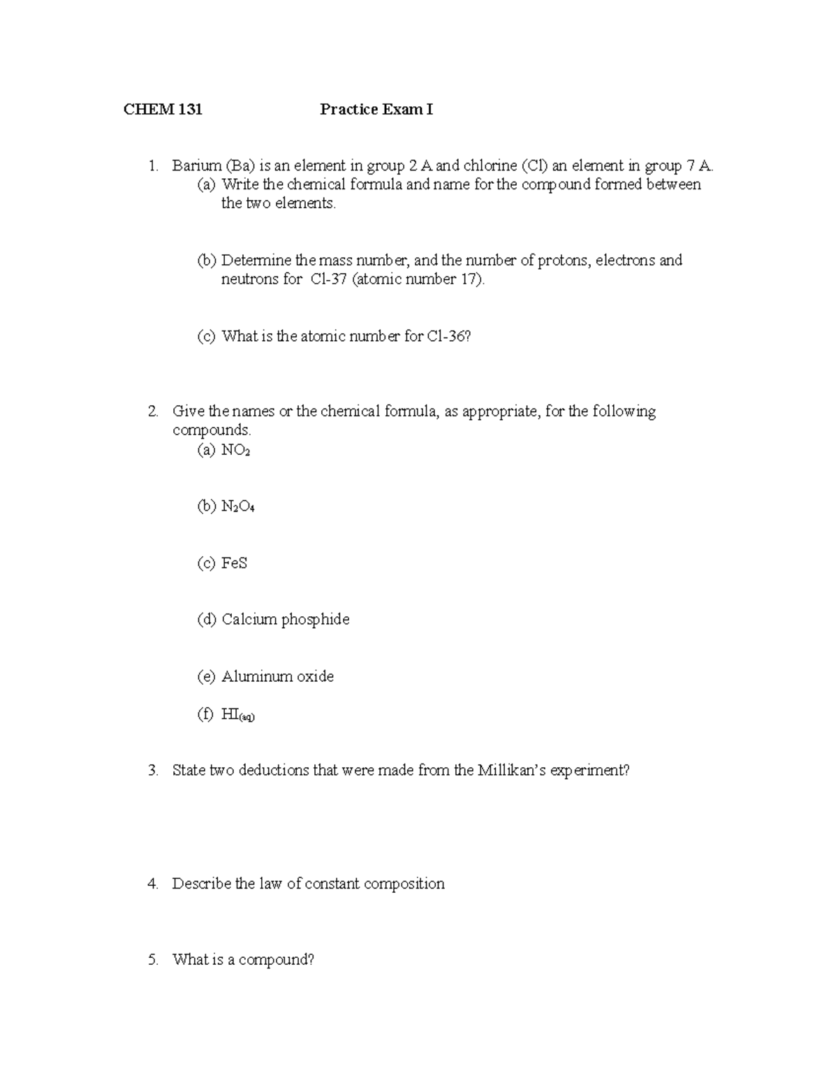 Practice exam I - CHEM 131 Practice Exam I Barium (Ba) is an element in ...