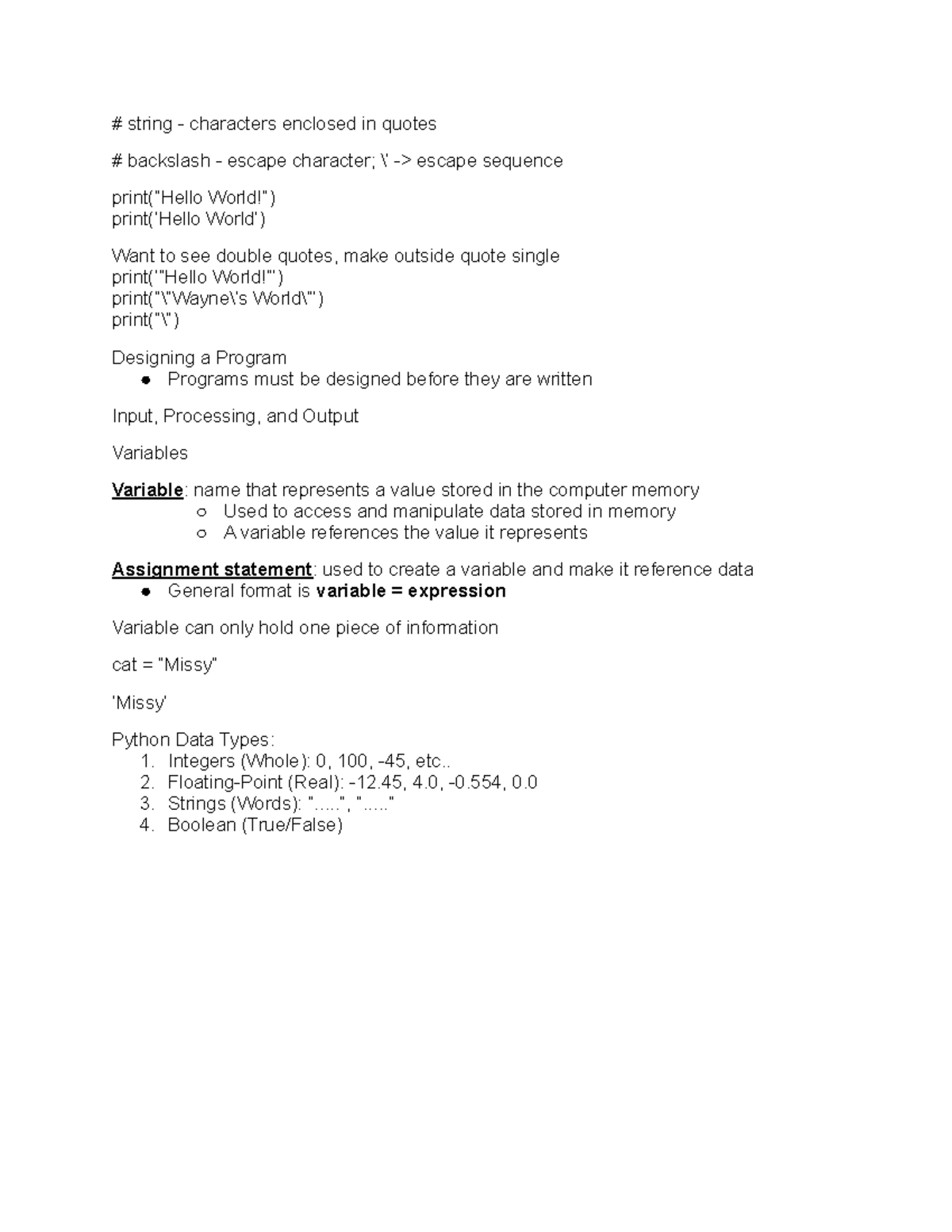 Class Notes #2 - 8 31 21 - string - characters enclosed in quotes ...