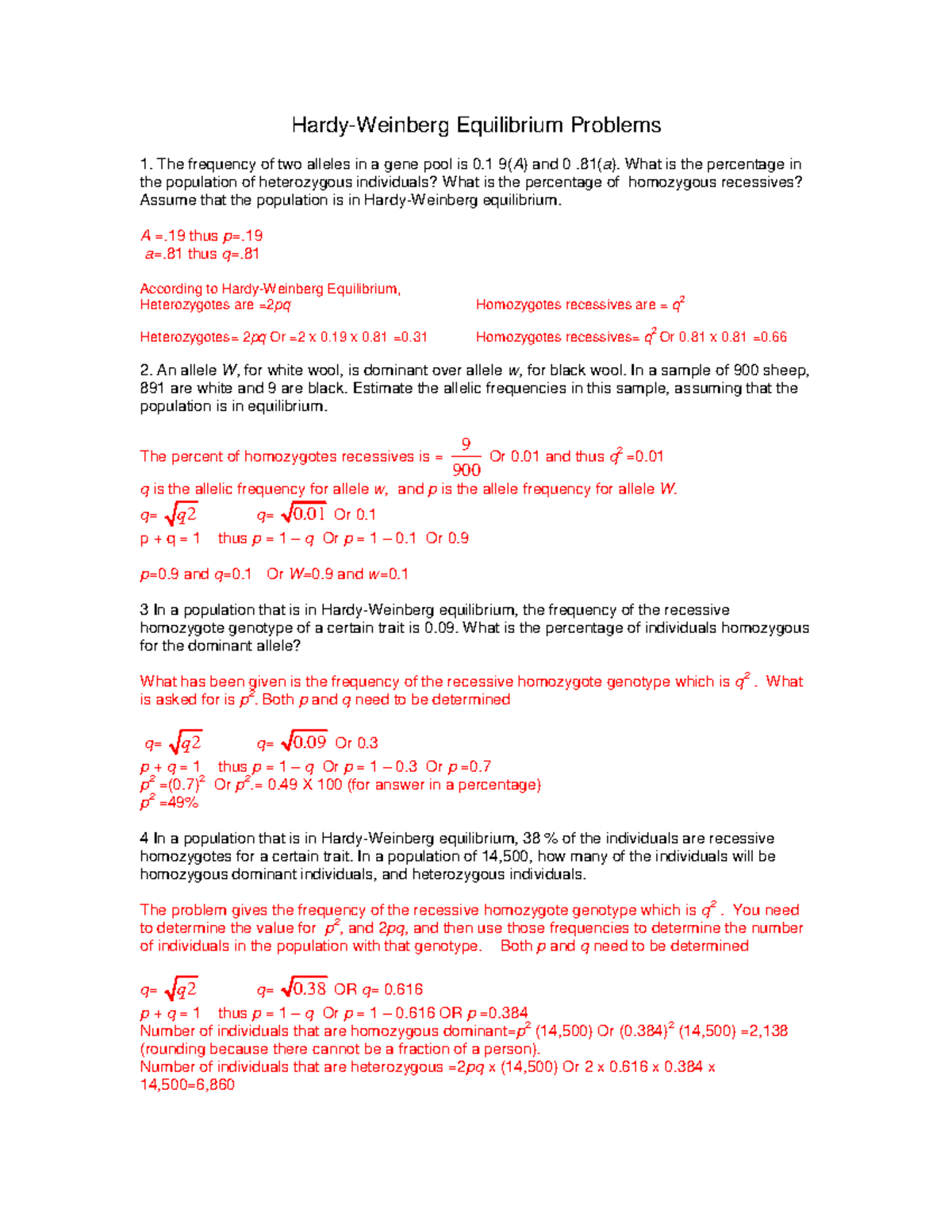 NMSI HW Practice Problems Key Hardy Weinberg Equilibrium Problems The