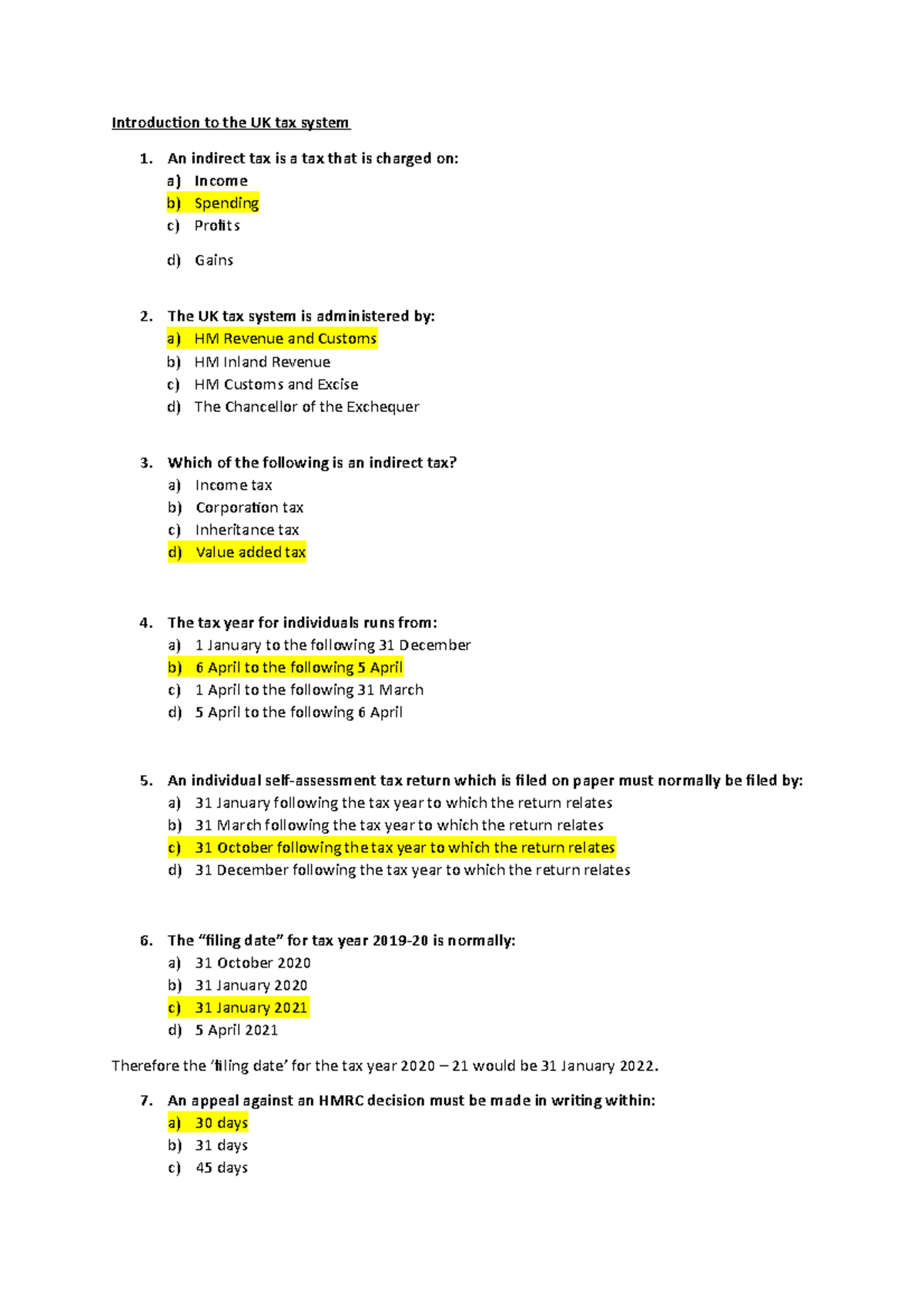 MCQ Answers with workings - Introduction to the UK tax system 1. An  indirect tax is a tax that is - Studocu