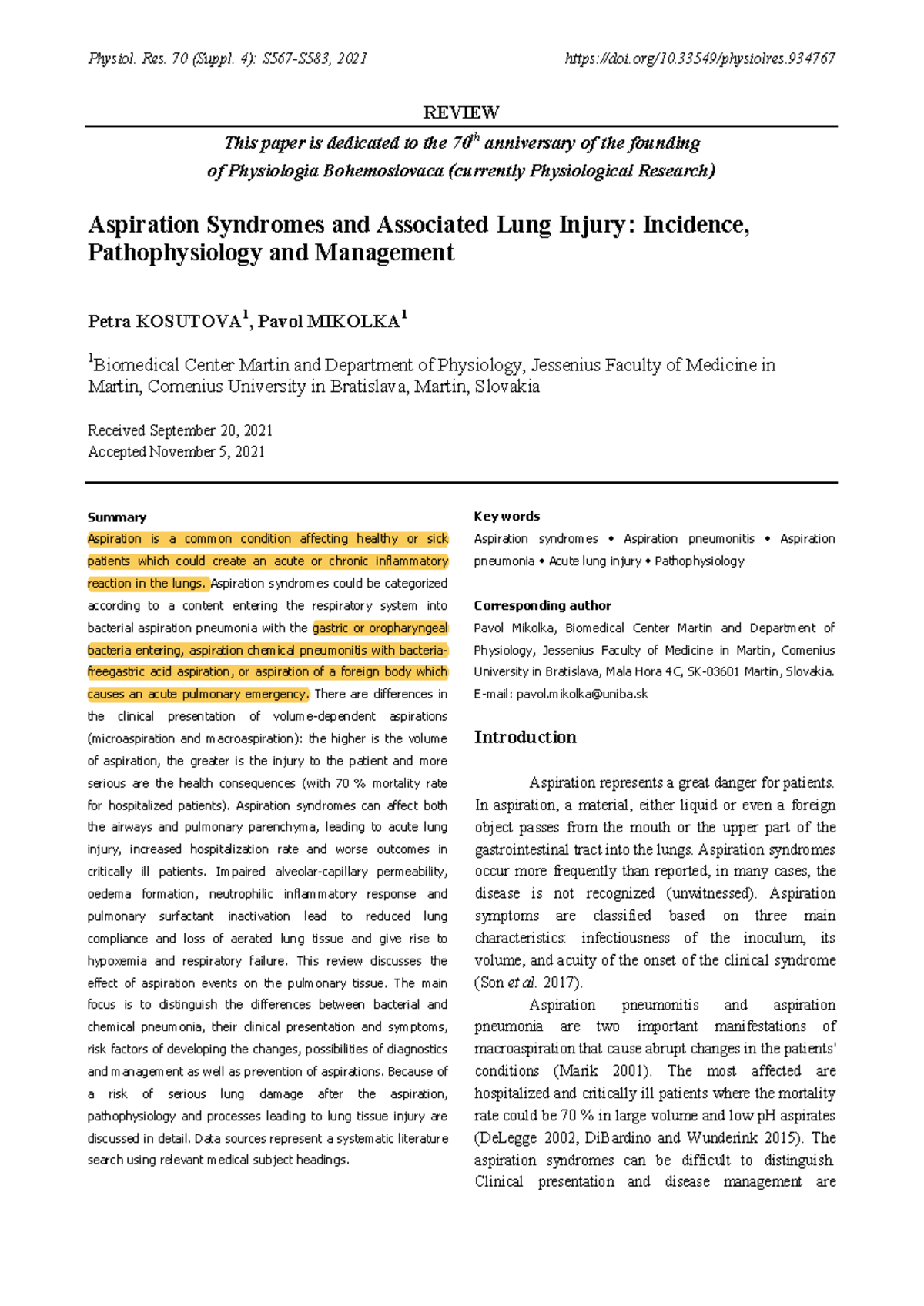 Aspiration - Article - Physiol. Res. 70 (Suppl. 4): S567-S583, 2021 doi ...