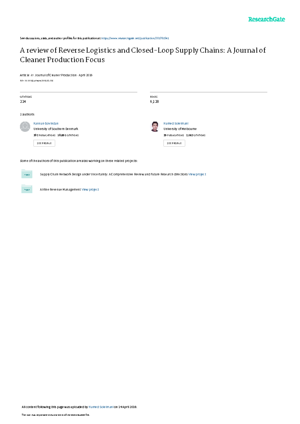 A Review of Reverse Logistics and ClosedLoop Supply Chain A Journal of Cleaner Production