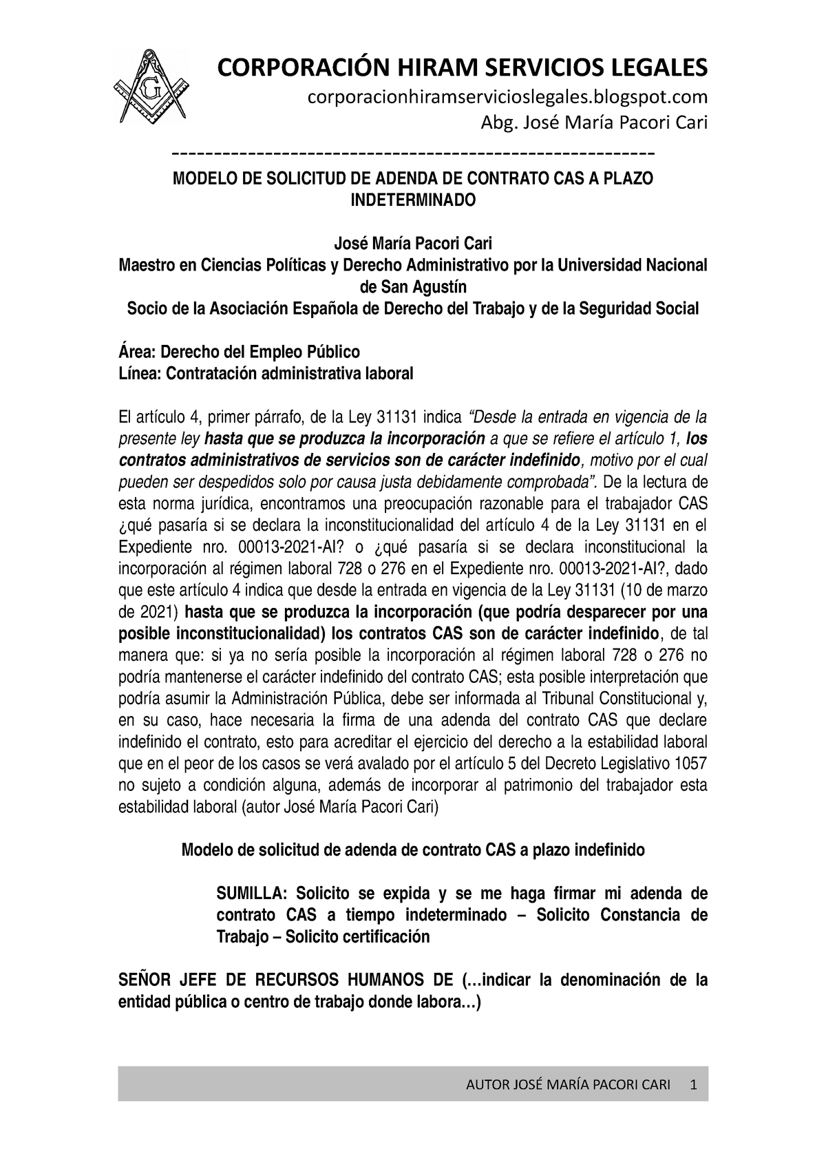 Modelo DE Solicitud Adenda Contrato CAS Indeterminado - Autor JOSÉ María  Pacori CARI - - Studocu