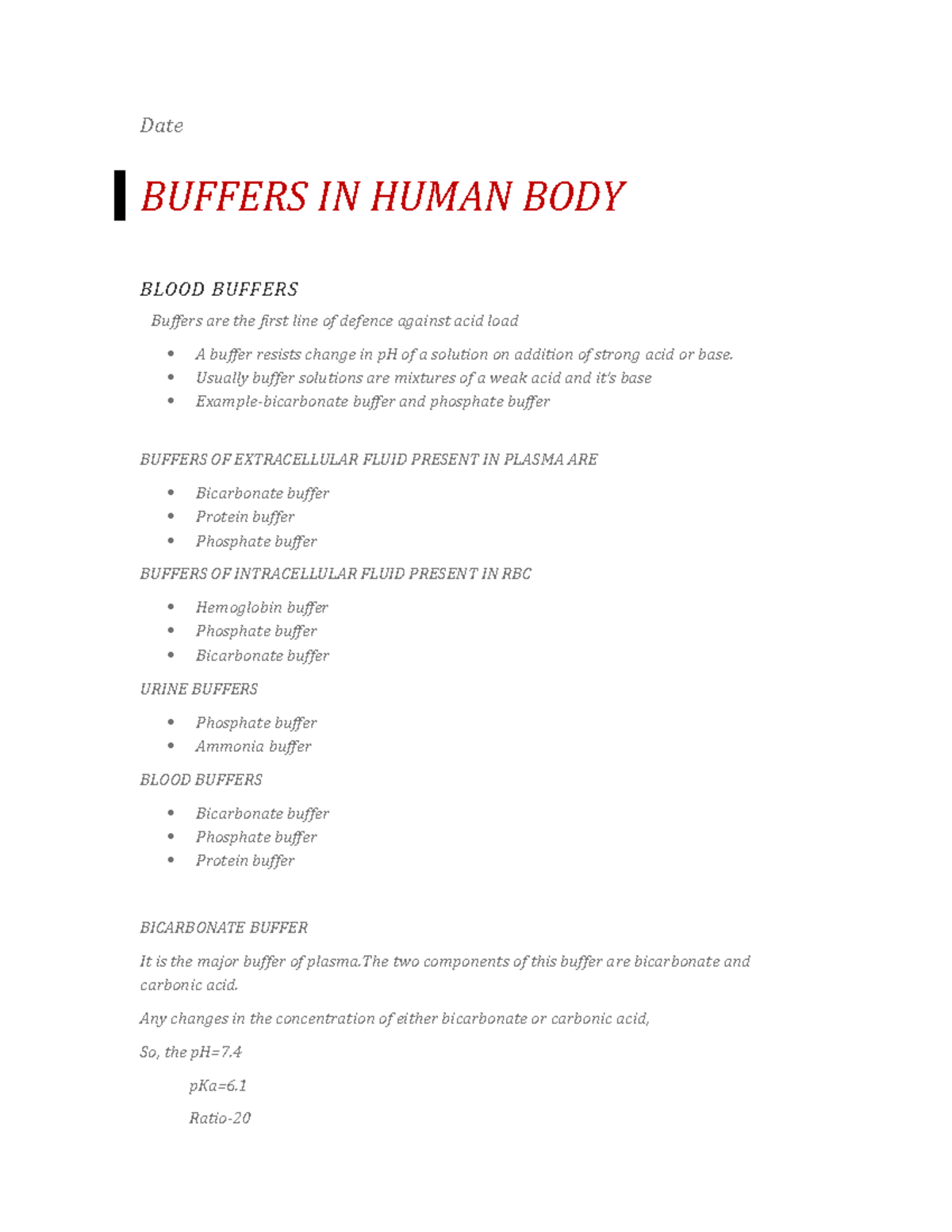 Buffers OF Human BODY Date BUFFERS IN HUMAN BODY BLOOD BUFFERS