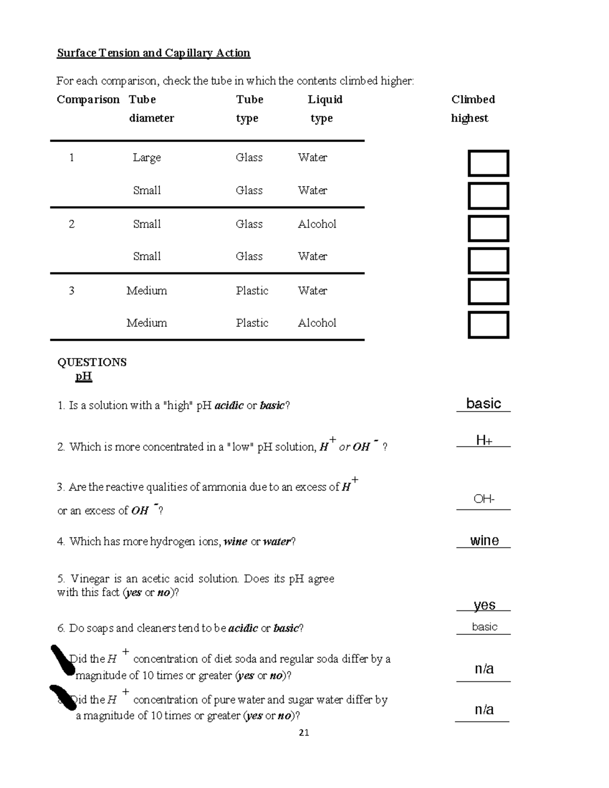 Ph Lab pg 1 ph lab for bio 3 21 Surface Tension and Capillary