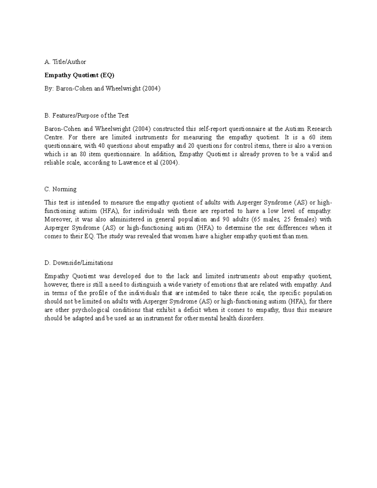 Empathy Quotient (EQ) Scale Review A. Title/Author Empathy Quotient