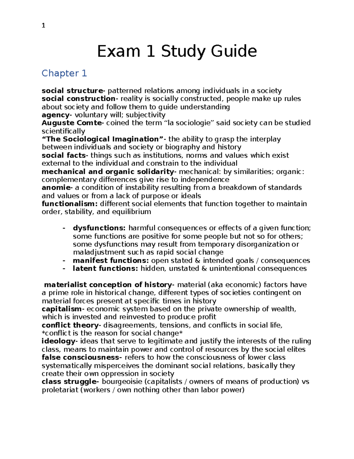 SOC001 EXAM 1 Study Guide 2 - 1 Exam 1 Study Guide Chapter 1 Social ...