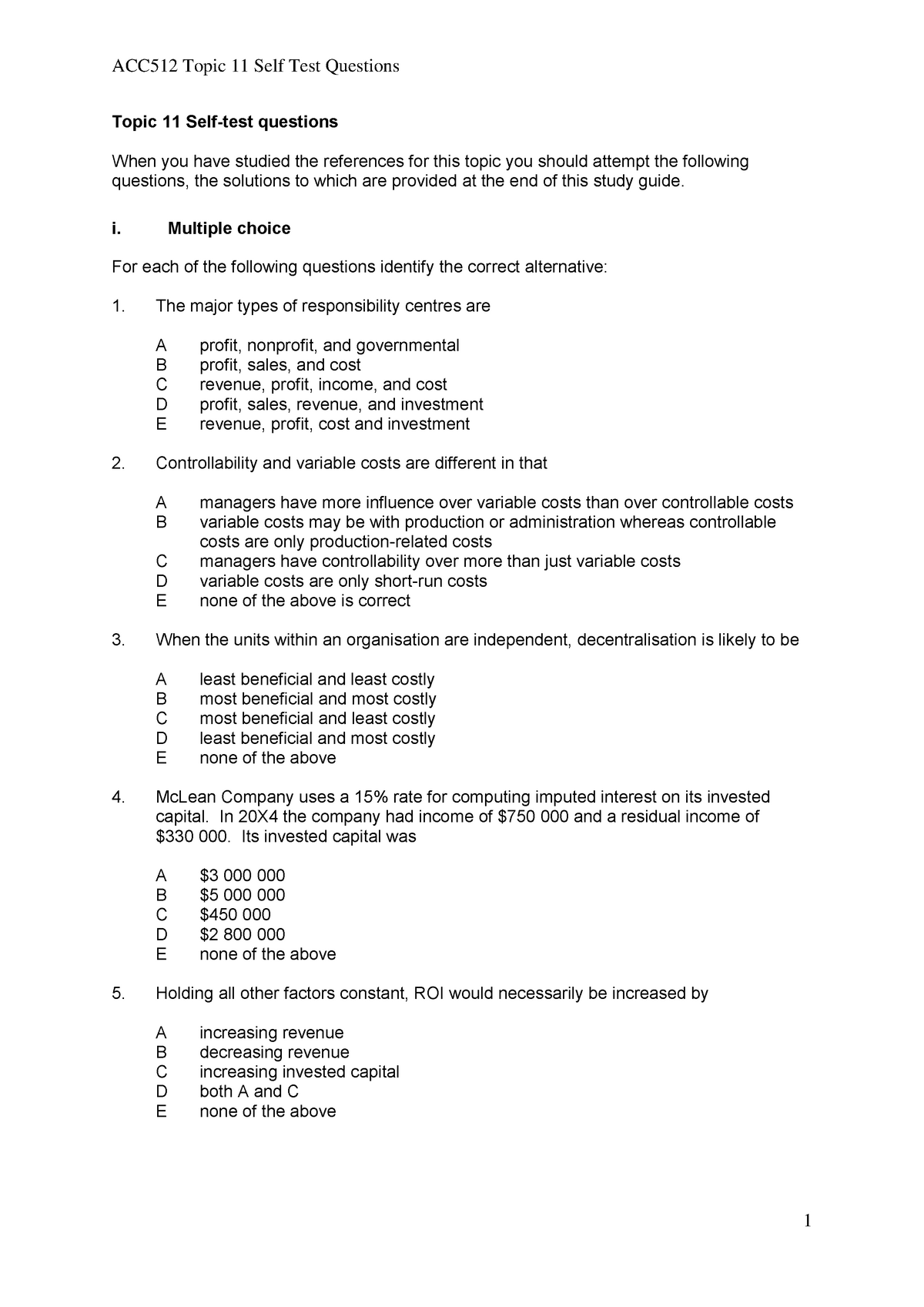 Topic 11 Self Test Questions - ACC512 Topic 11 Self Test Questions ...