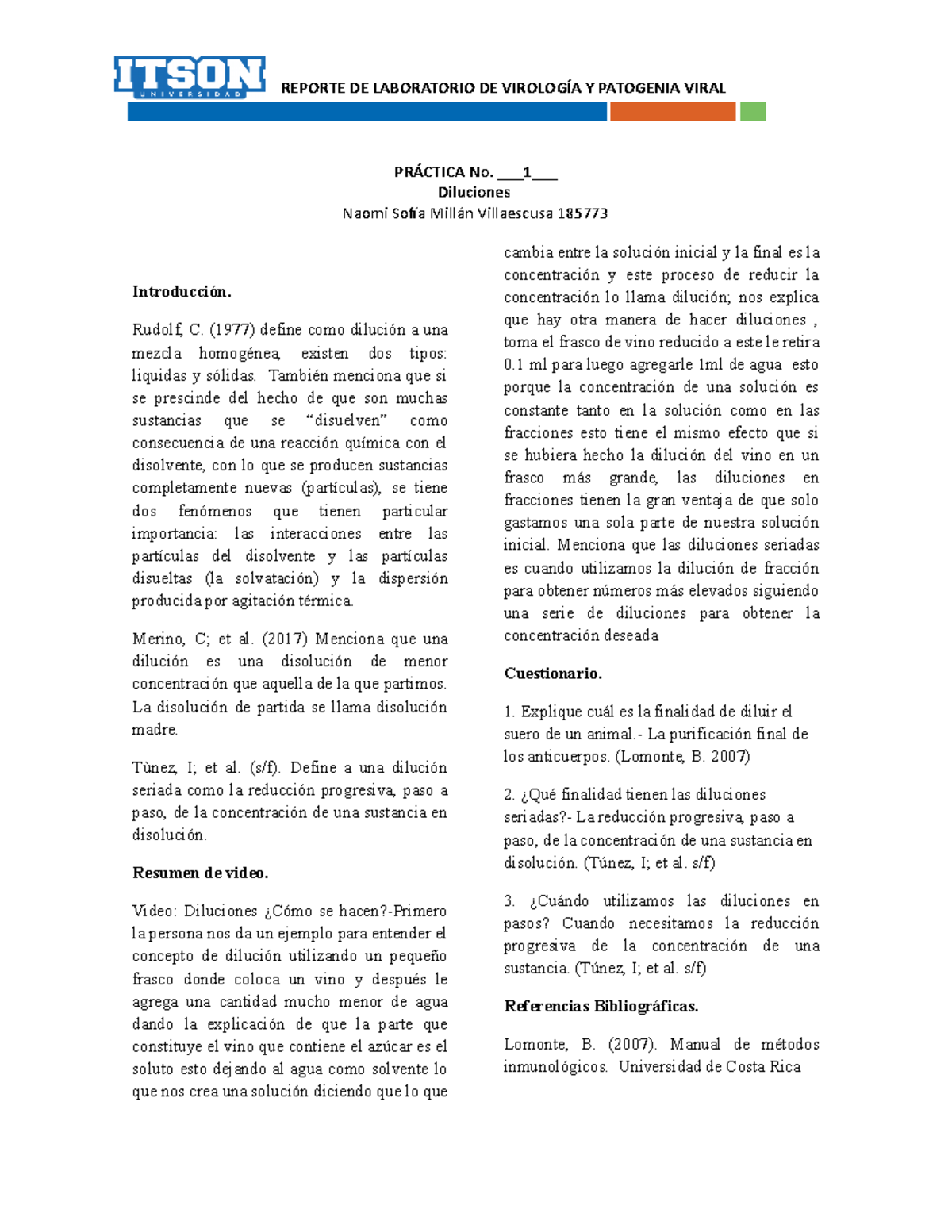 Primer Informe De Virología Y Patogenia Animal Diluciones - REPORTE DE ...