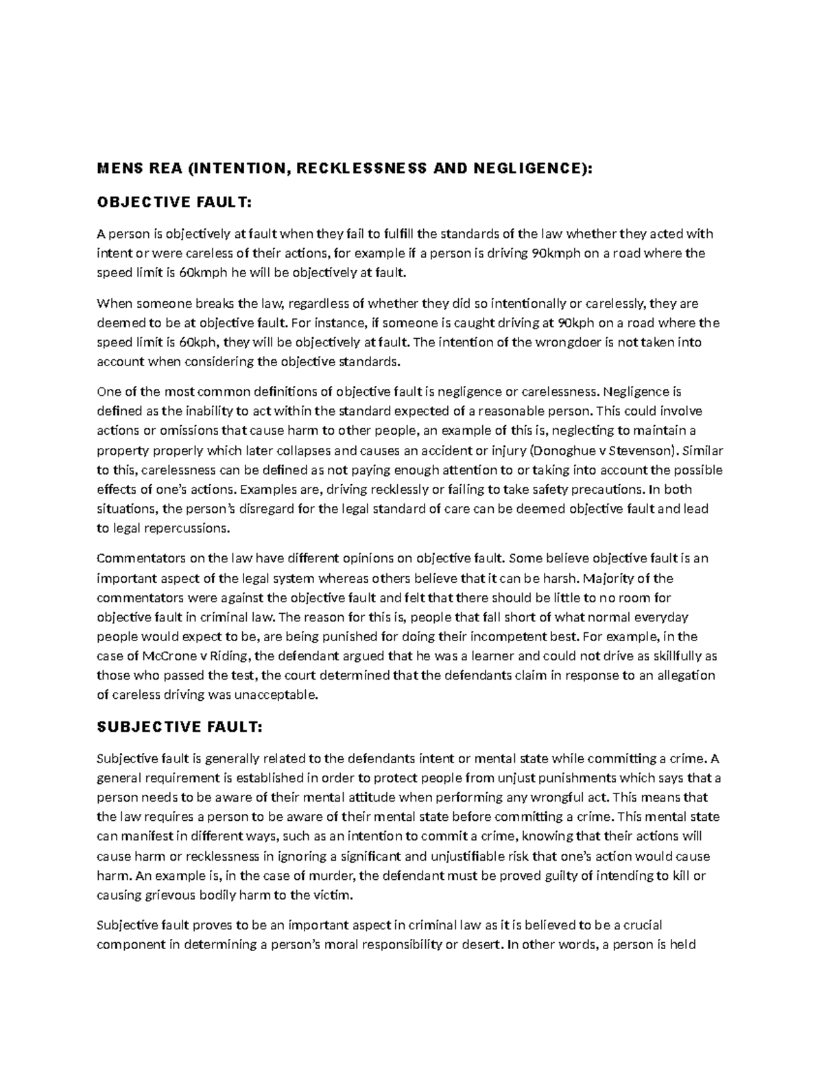 MENS REA Finals Yueedd MENS REA (INTENTION, RECKLESSNESS AND