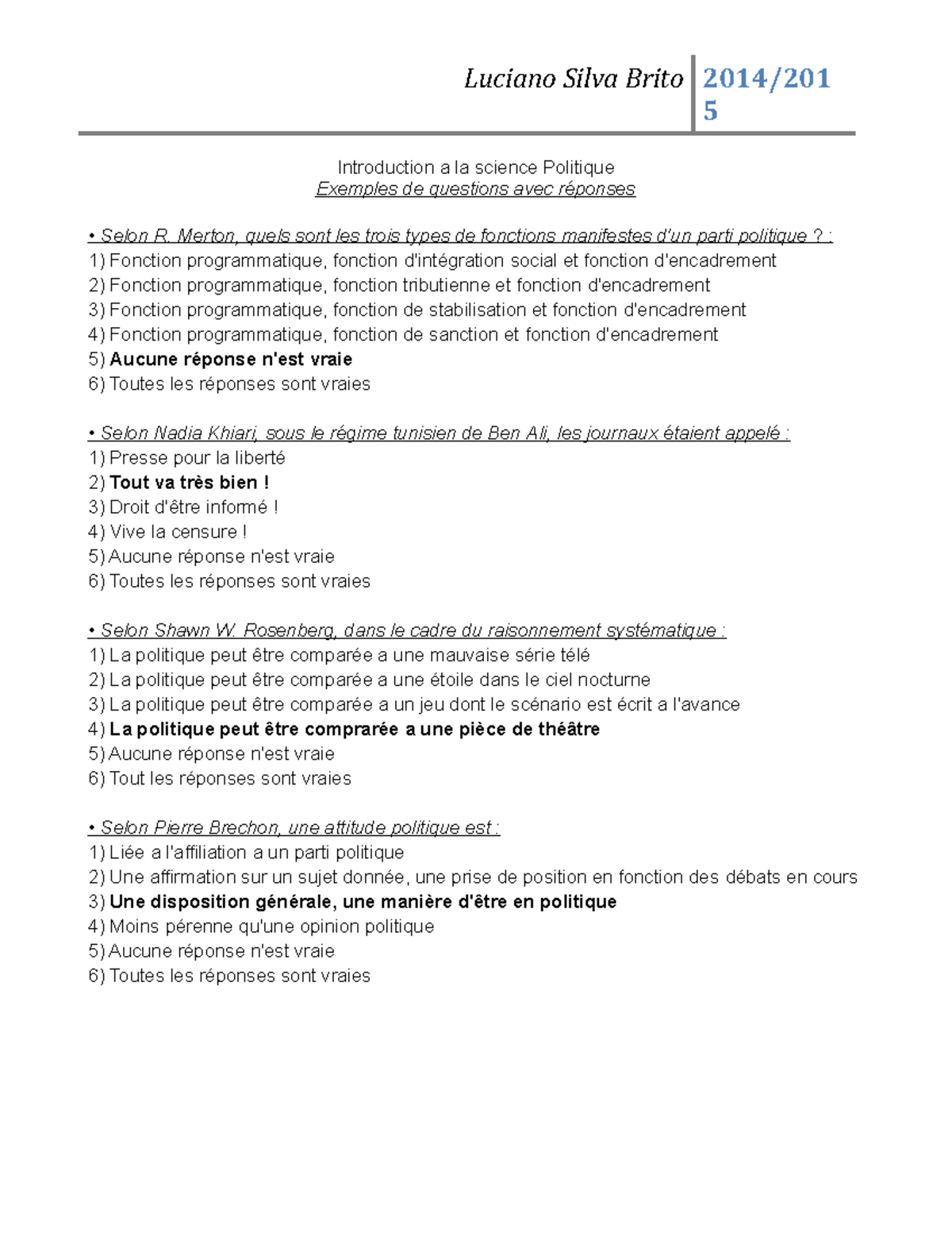 QCM - 1 - Exemple De Questions D'examen D'Introduction à La Science ...