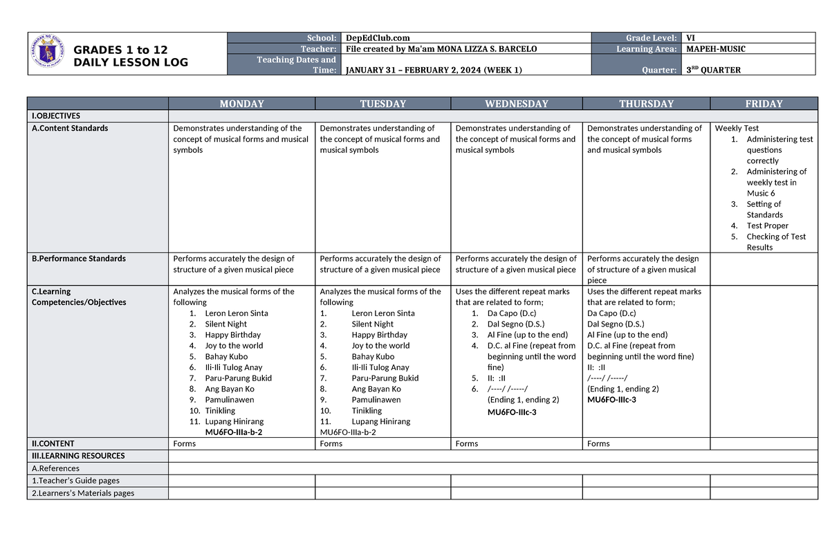 DLL Mapeh- Music 6 Q3 W1 - Very Informative - GRADES 1 To 12 DAILY ...